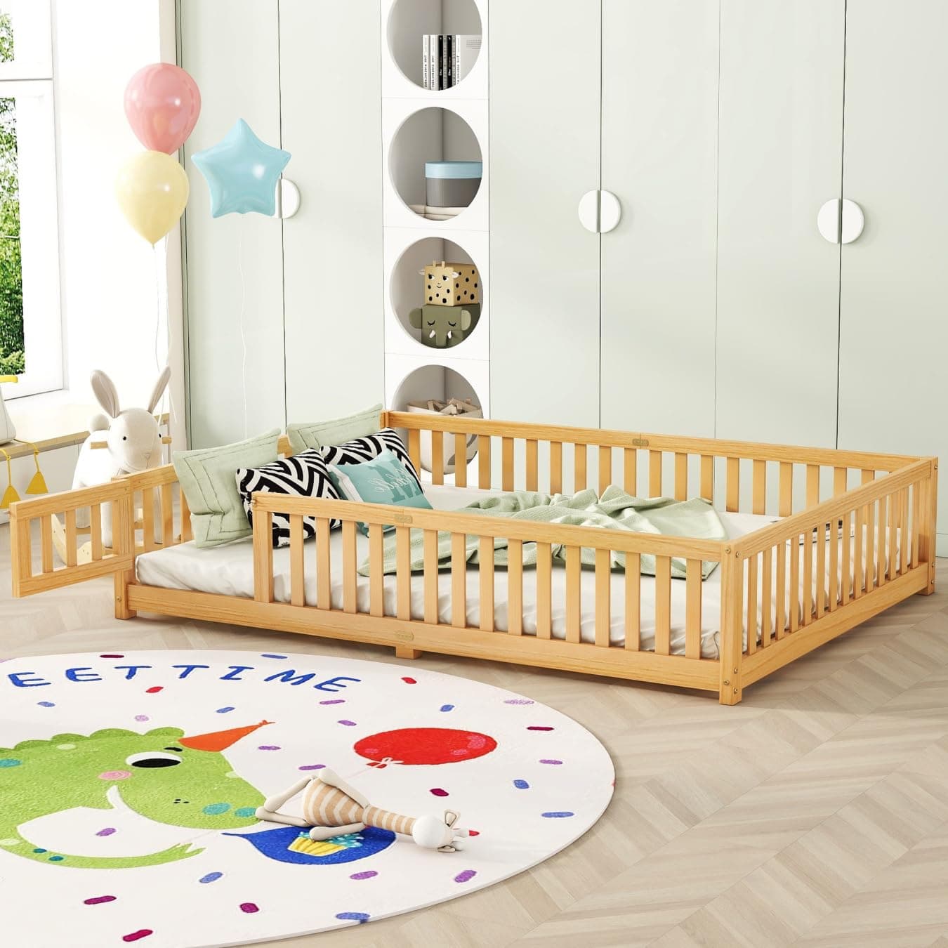 Montessori Floor Bed with Safety Guardrails and Door for Kids
