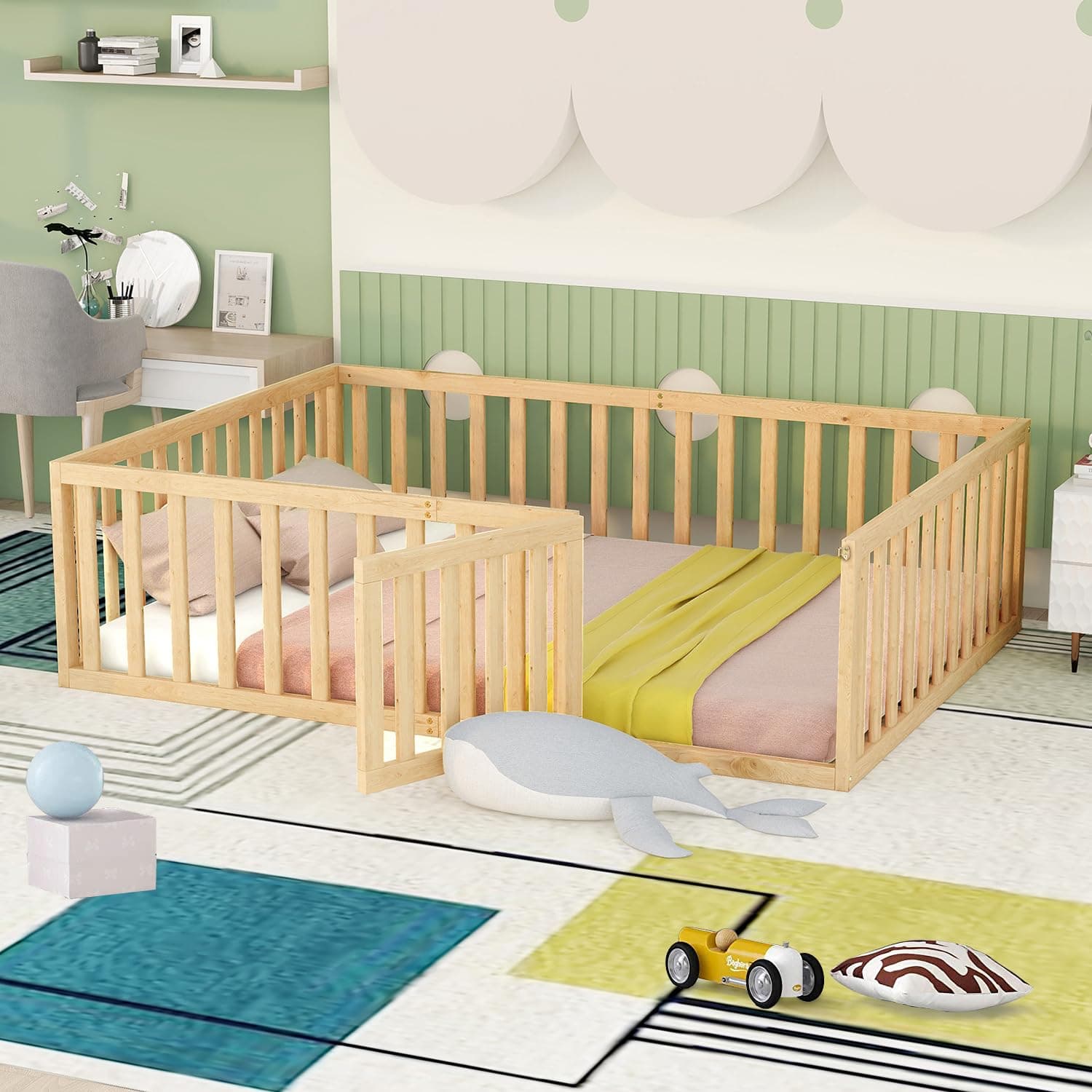 Twin Size Montessori Floor Bed for Kids, Sturdy Wooden Frame with Fence & Door, Natural Color