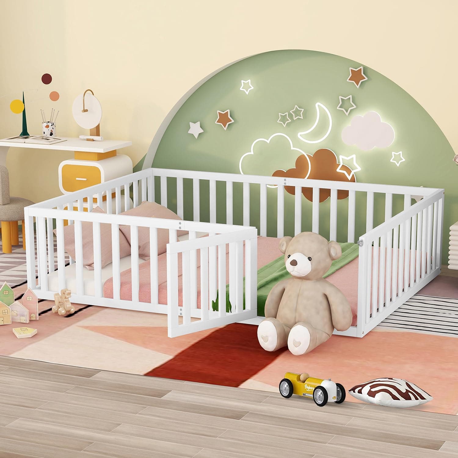 Montessori Queen Floor Bed for Kids: Solid Wood Frame with Safety Guardrails, White