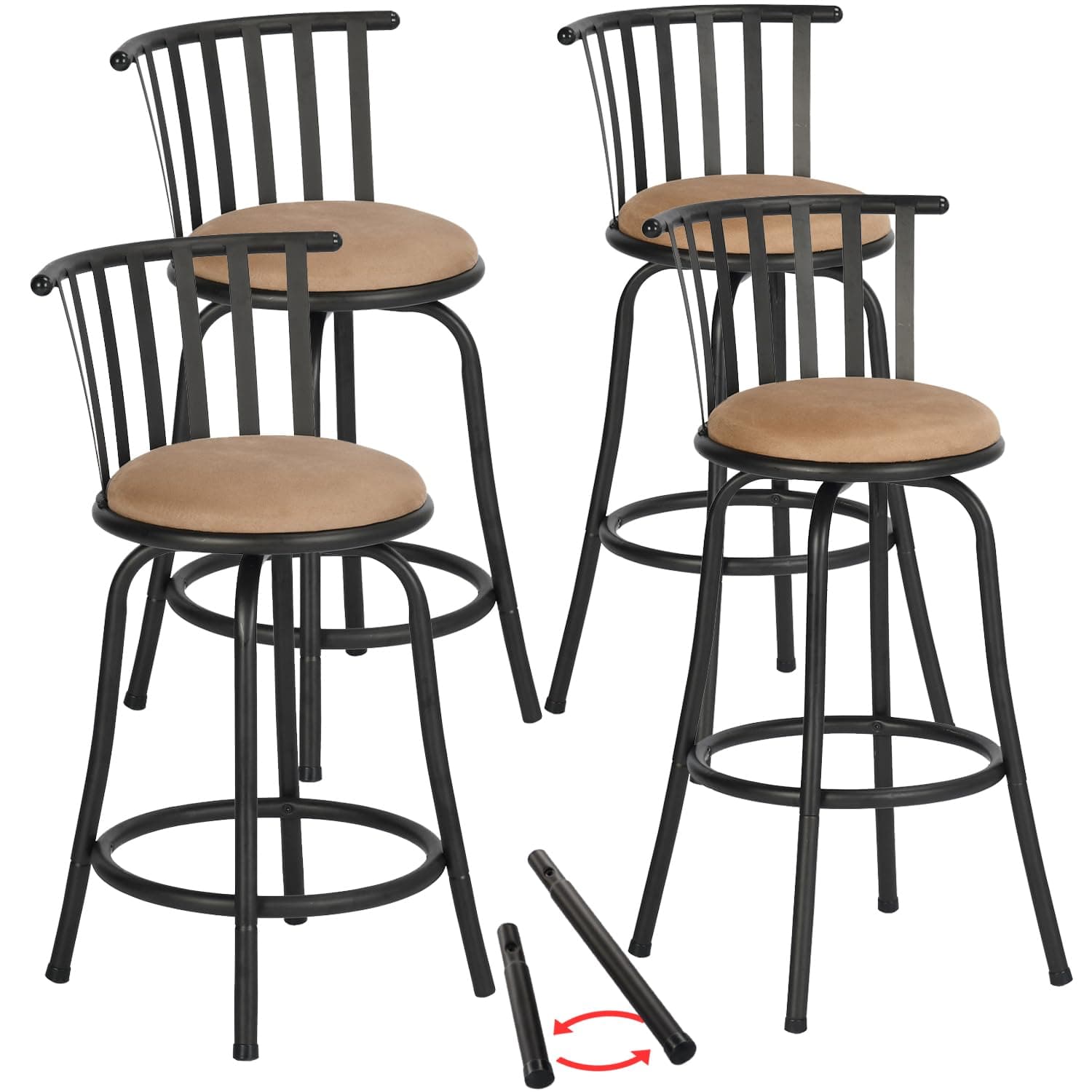 Adjustable Swivel Bar Stools with Backs and Footrest - Set of 4, 24/29 Inch, Brown