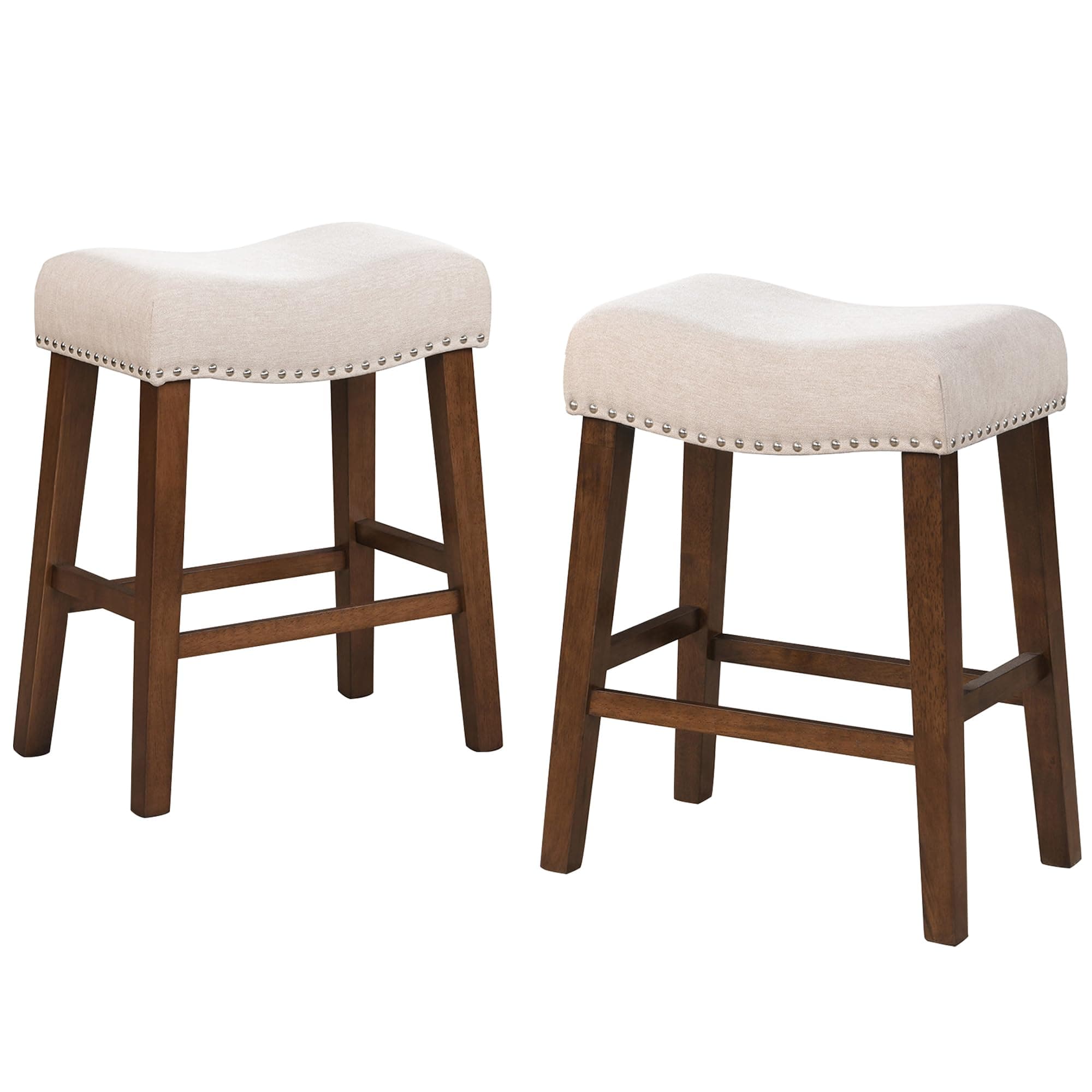 24" Modern Backless Bar Stools with Footrest & Nailhead Trim, Beige, Set of 2