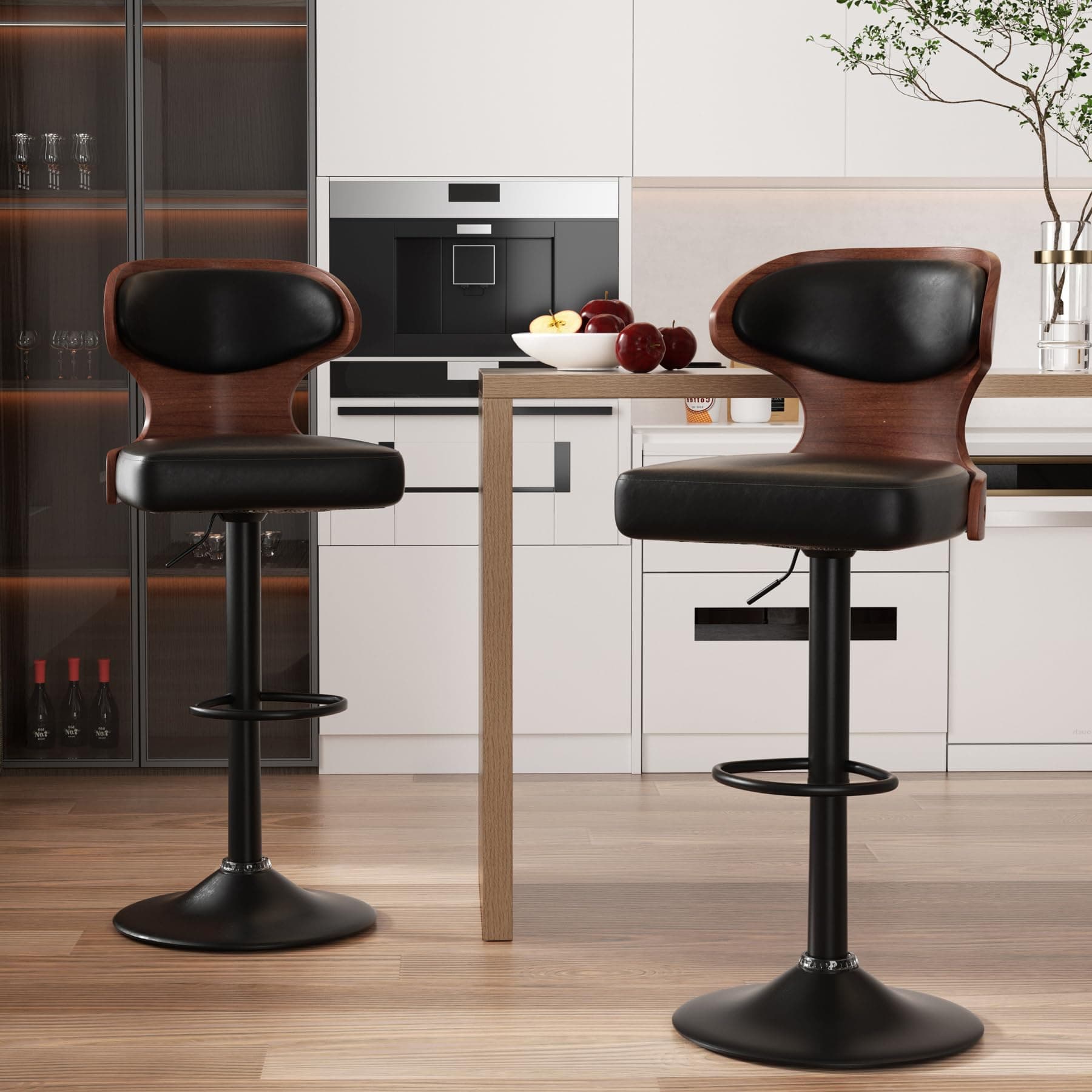 Bentwood Swivel Barstools Set,Adjustable Height,PU Leather Upholstery