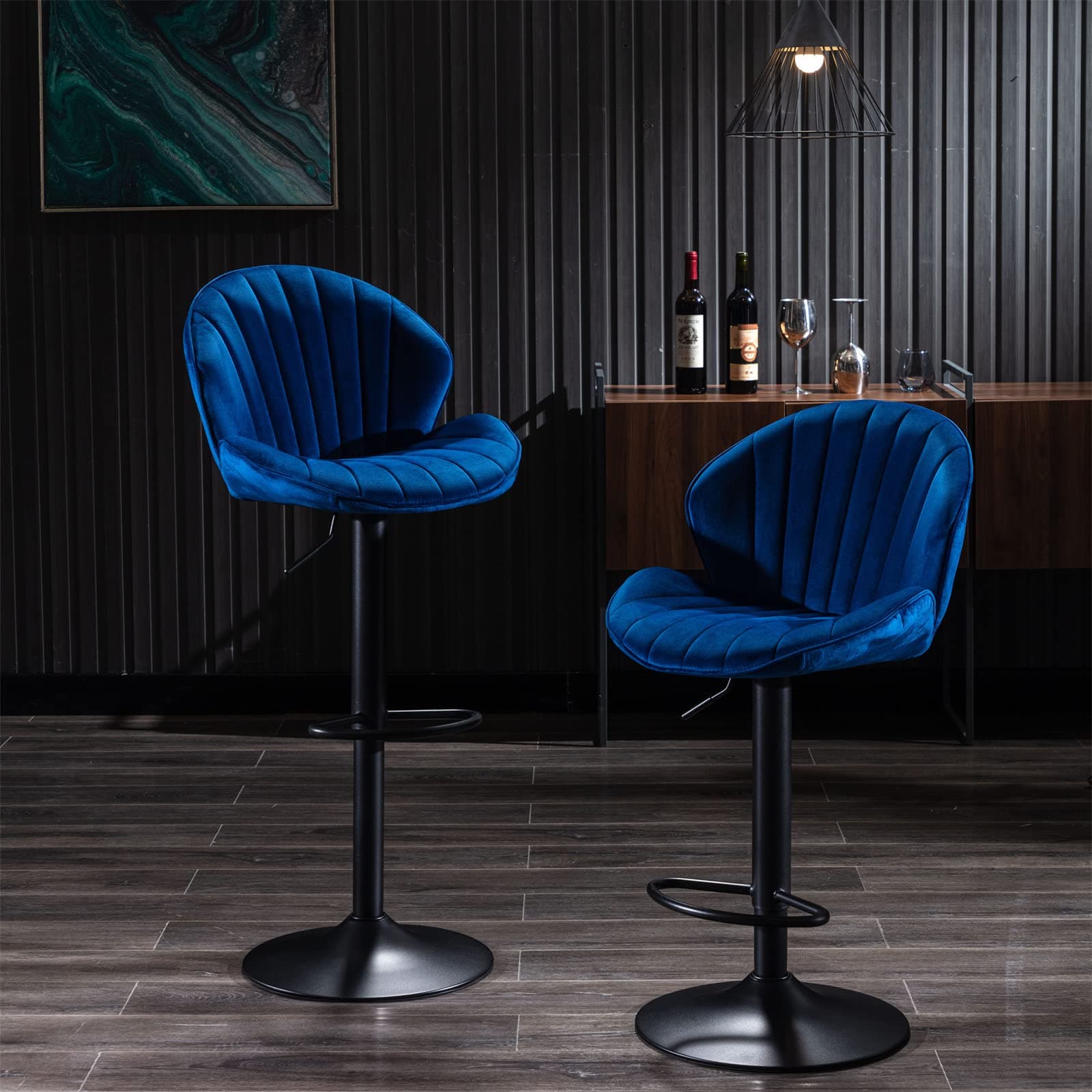 Blue Velvet Swivel Bar Stools Set of 2 with Adjustable Height and Metal Base