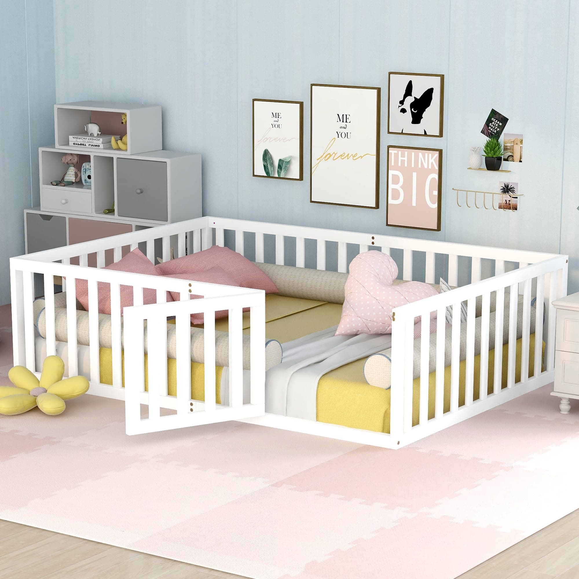 White Full-Size Montessori Floor Bed with Fence and Door