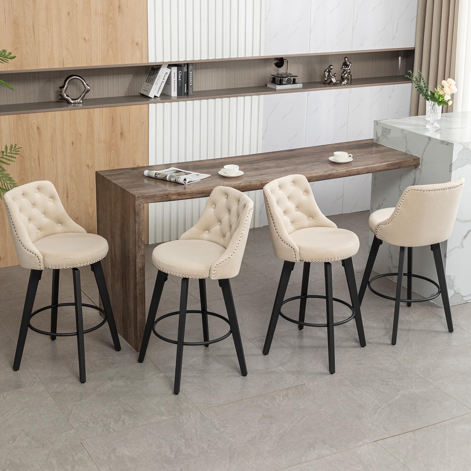 Beige Velvet Button Back Bar Stool Set, 4 Pack for Kitchen Island
