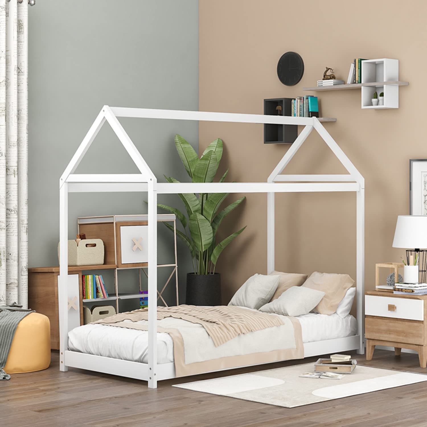 i-POOK White Twin Size Wooden House Bed with Roof