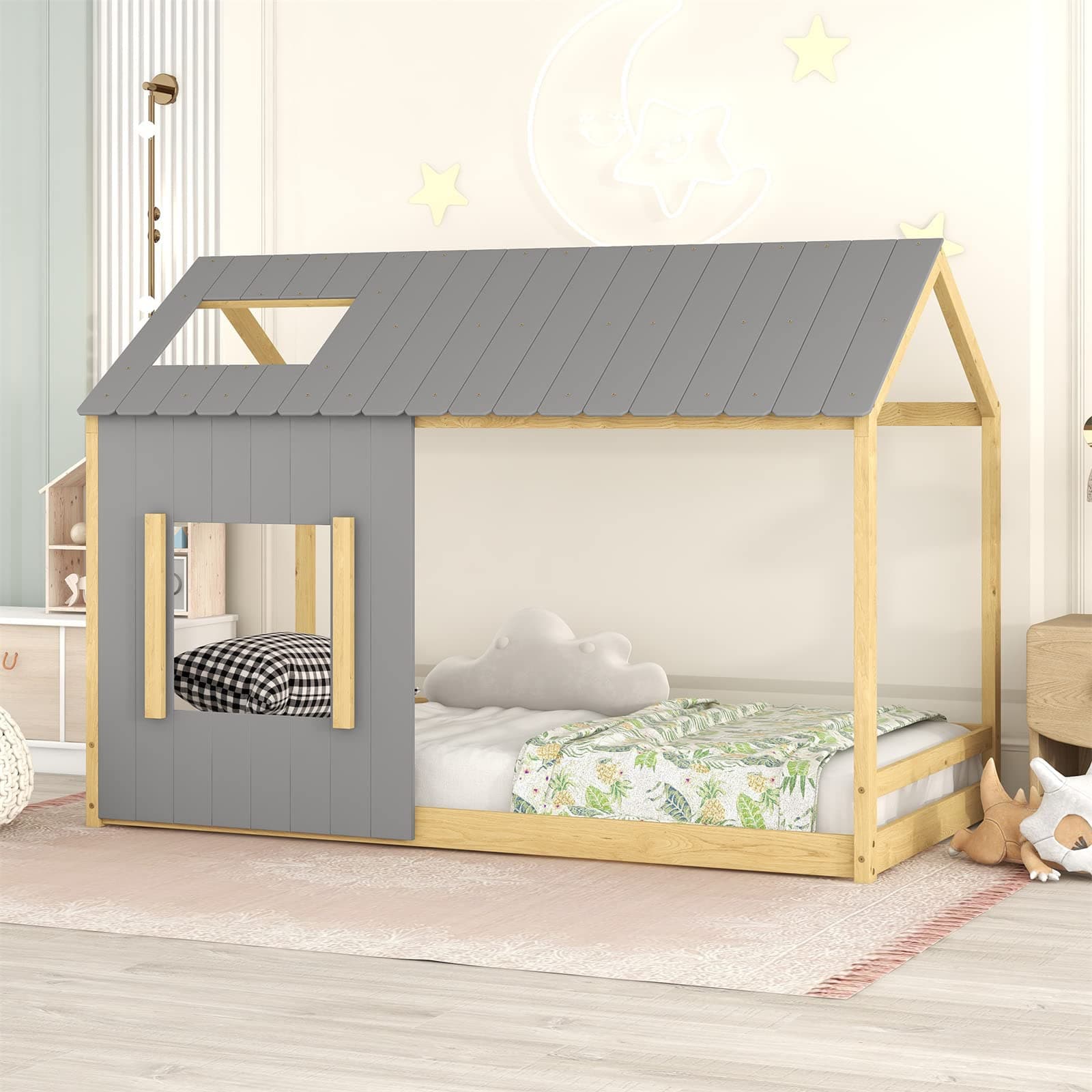 Wood House Twin Bed with Slats, Roof & Window for Kids