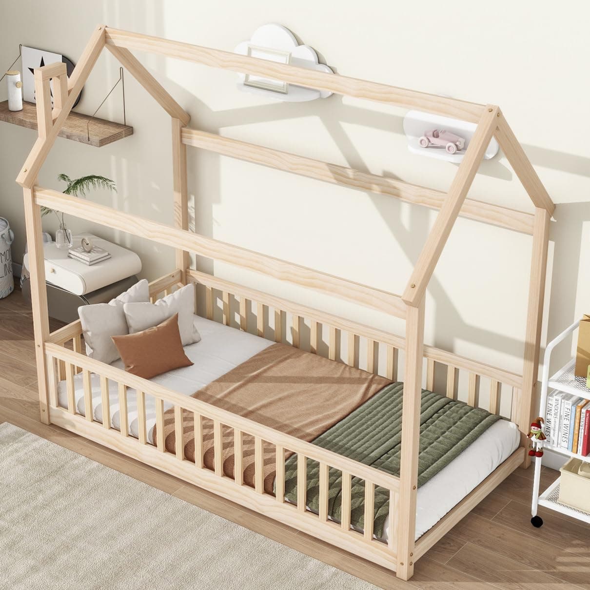 i-POOK Safety Guardrail Twin Bed with House Design, Solid Wood Slats Support, Natural Finish