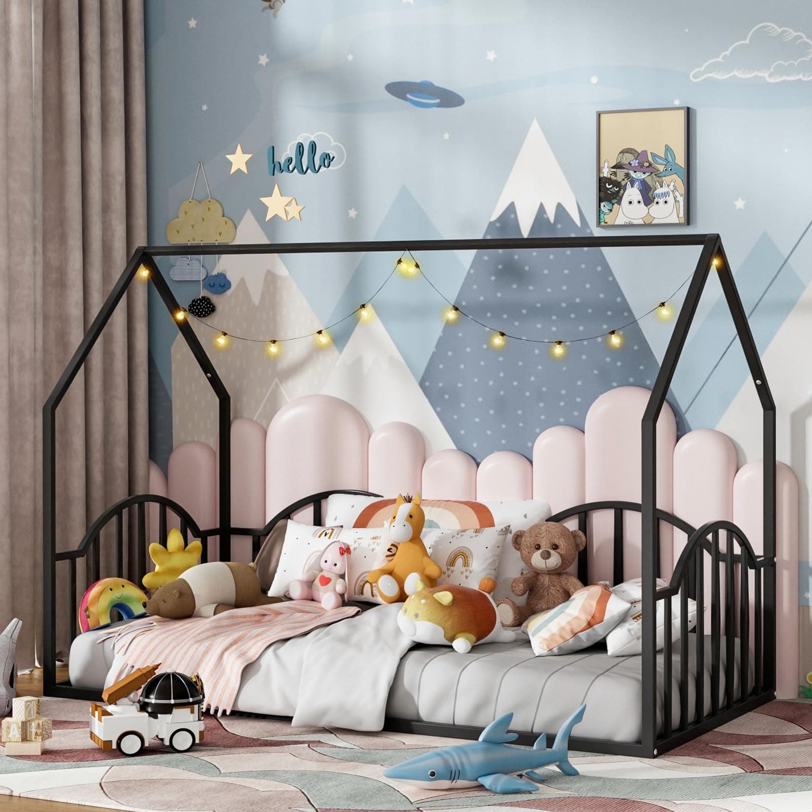 Twin Metal Floor Bed with Roof for Kids, No Box Spring Needed, Black