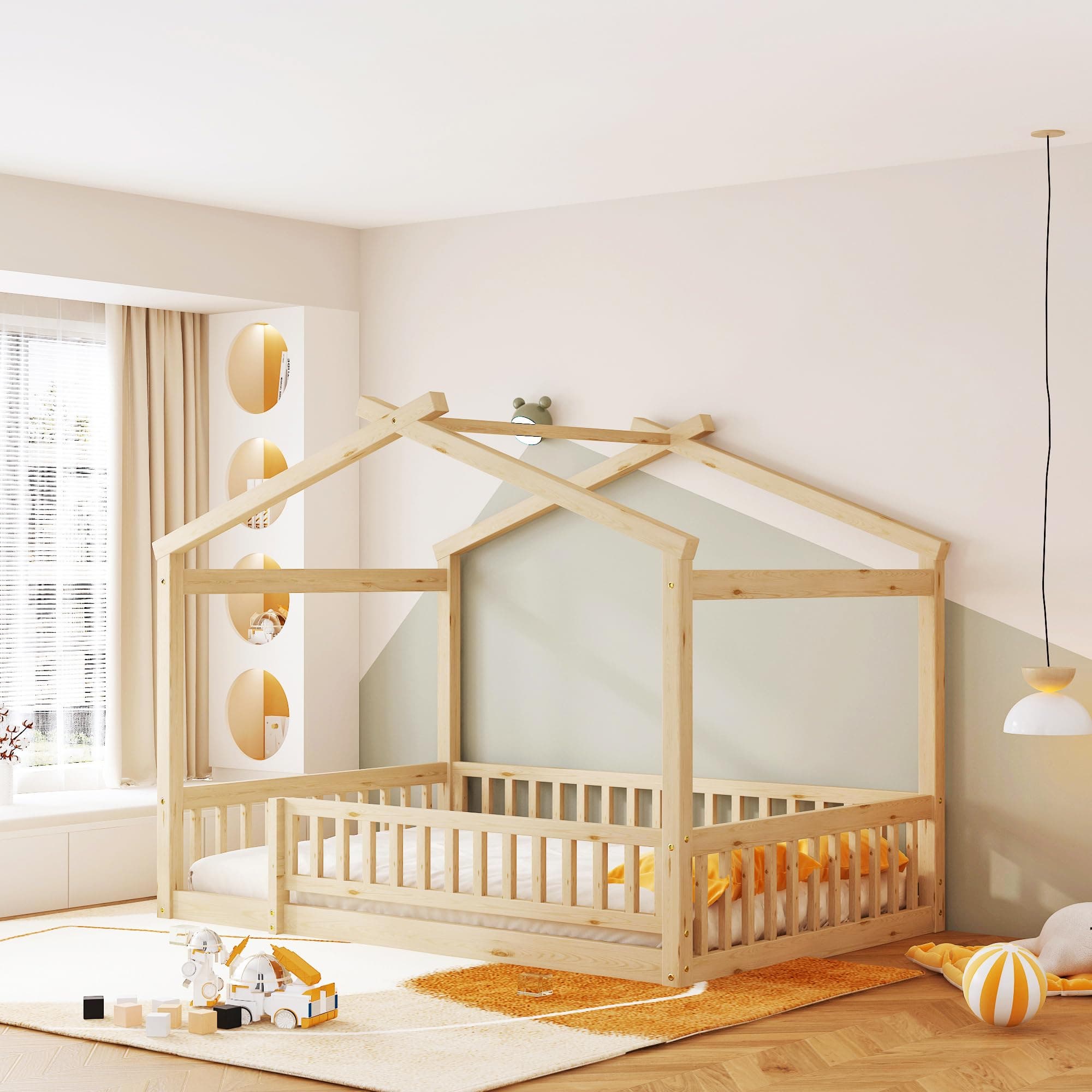 Bellemave Full Size Montessori Wood House Bed with Fence, Natural