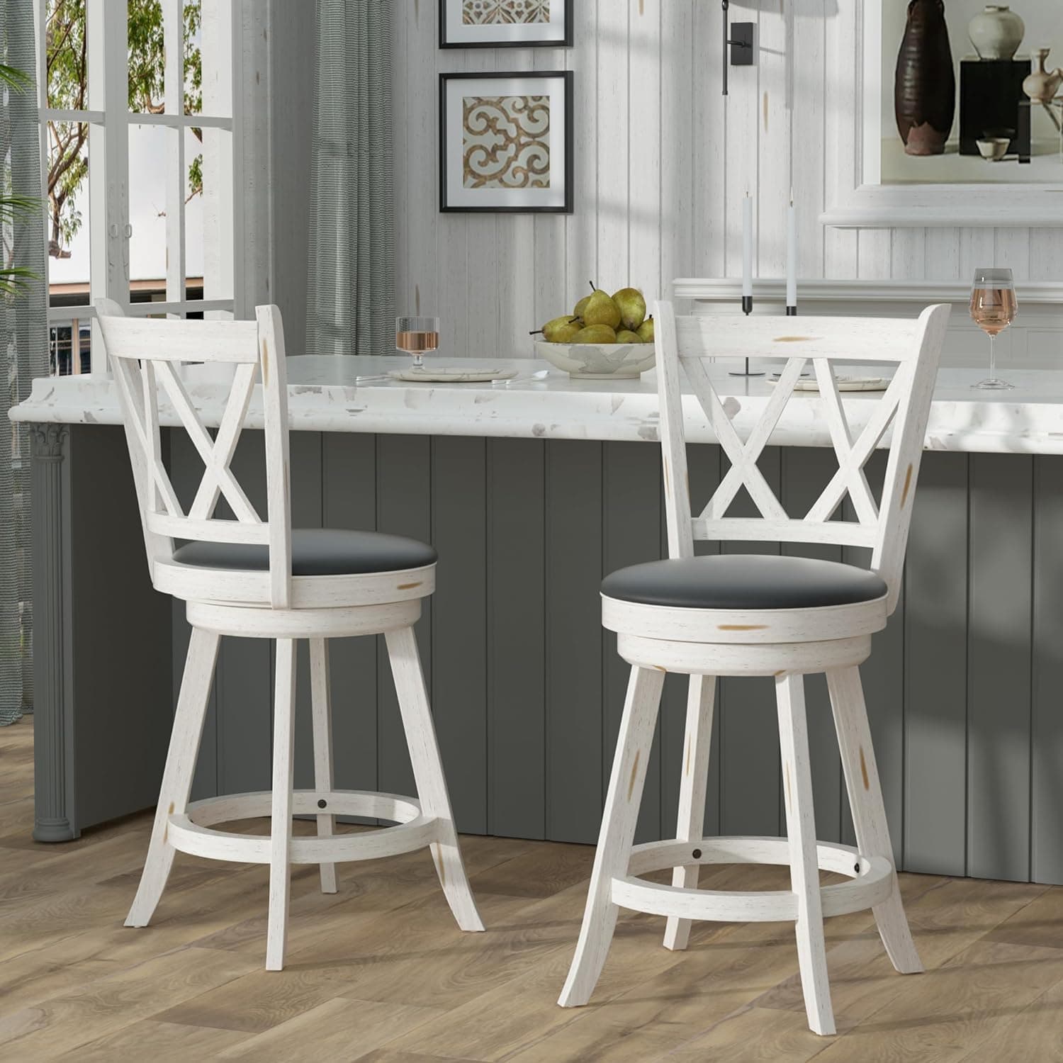Antique White Swivel Bar Stools with High Back & Wood Footrest (Set of 2)