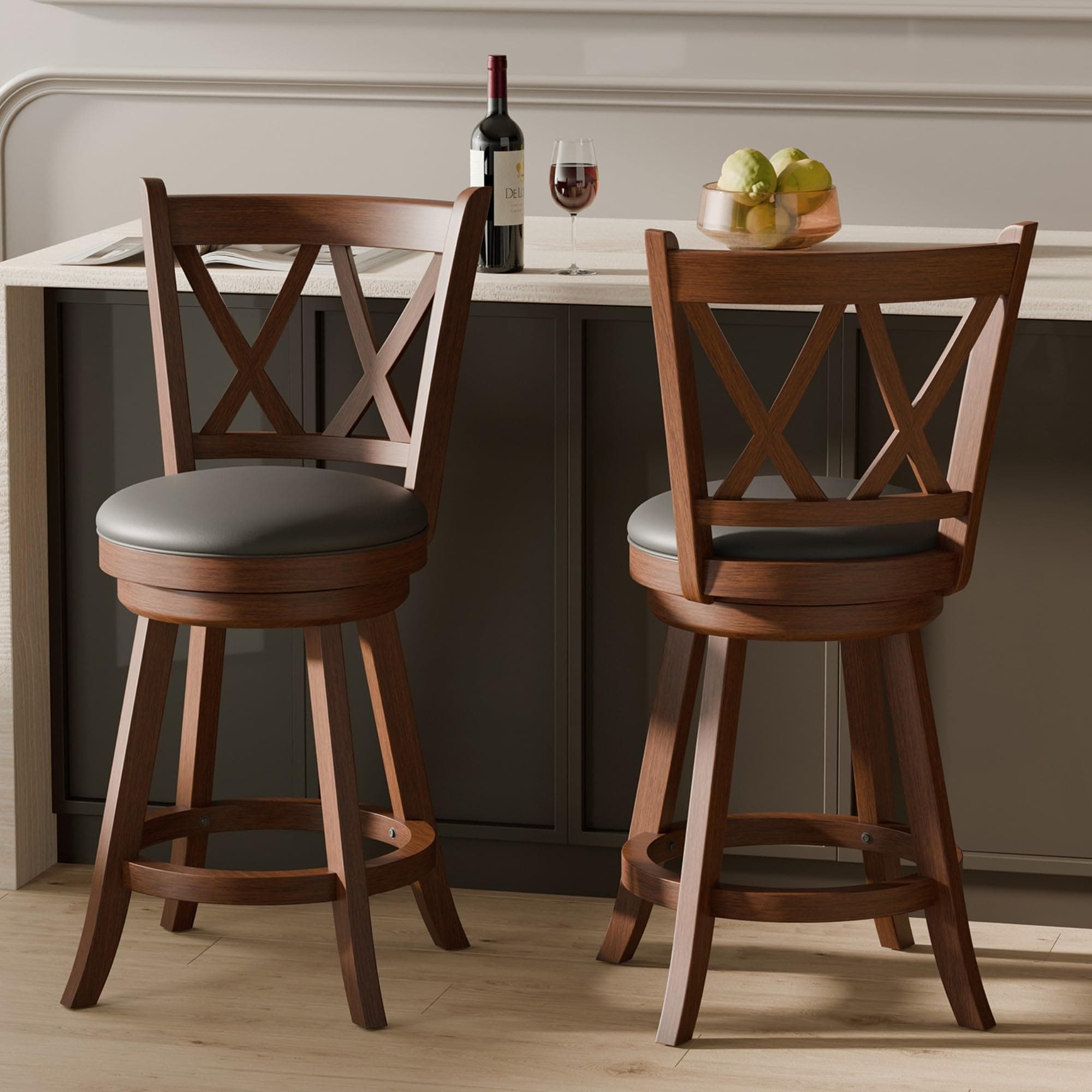 MU Counter Height Barstools, Espresso X-Back Swivel Chairs, Set of 2