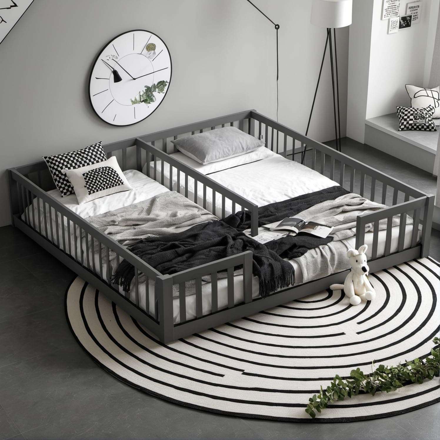 Montessori Floor Bed for Girls & Boys, Twin Size Safety Frame, Grey