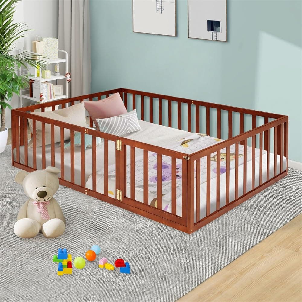 Montessori Floor Bed for Kids, Queen Size with Fence & Door - Walnut