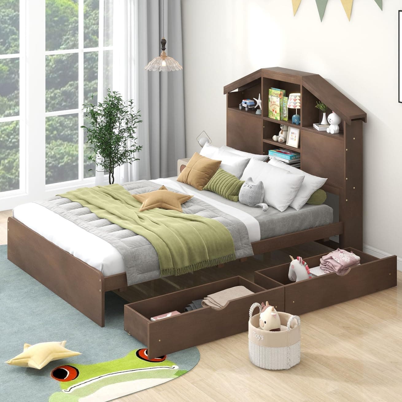i-POOK House-Shaped Storage Full Bed Frame with Drawers for Kids Teens Adults Walnut