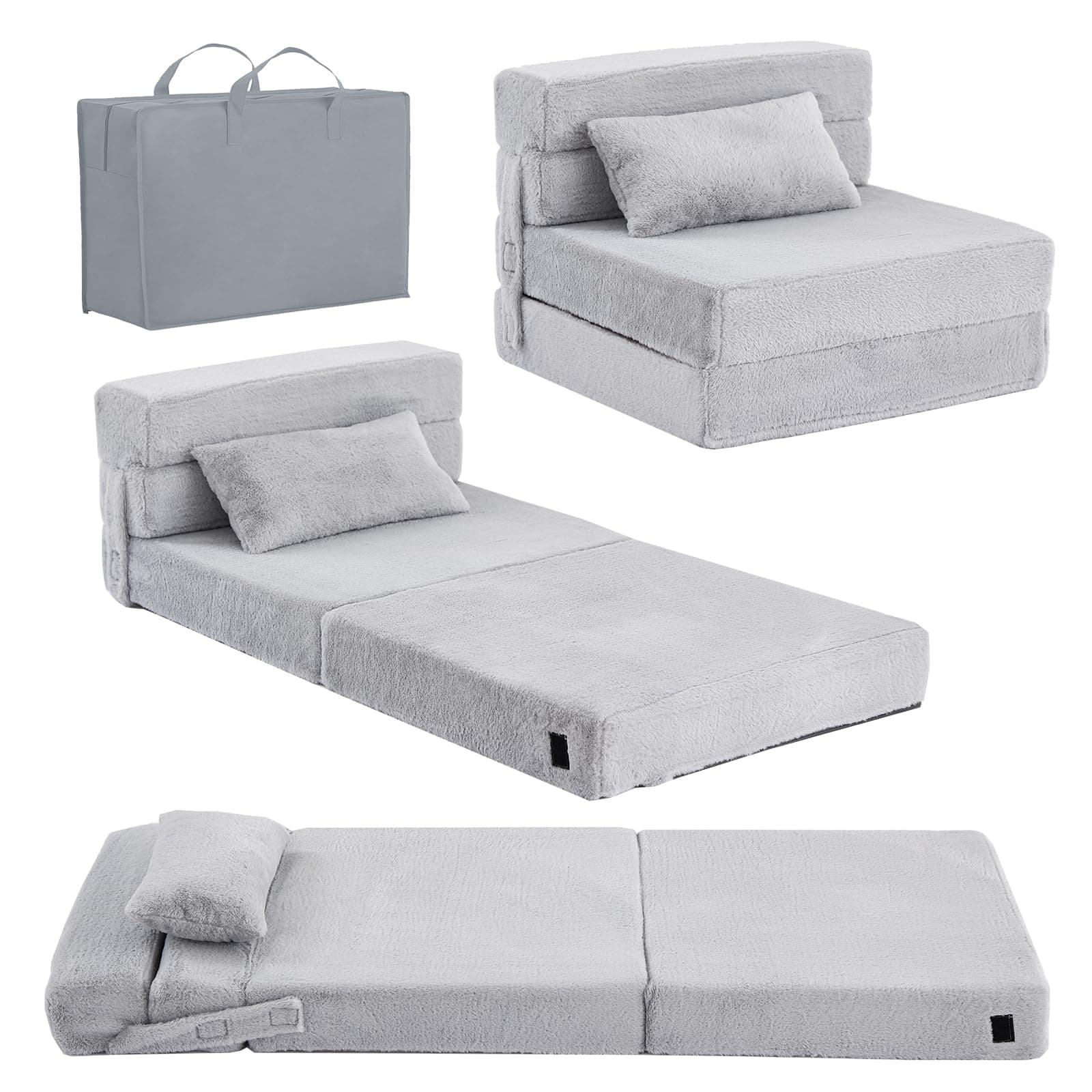 Tiita Kids Foldable Futon Bed Mattress Sofa with Storage Bag, Plush Grey