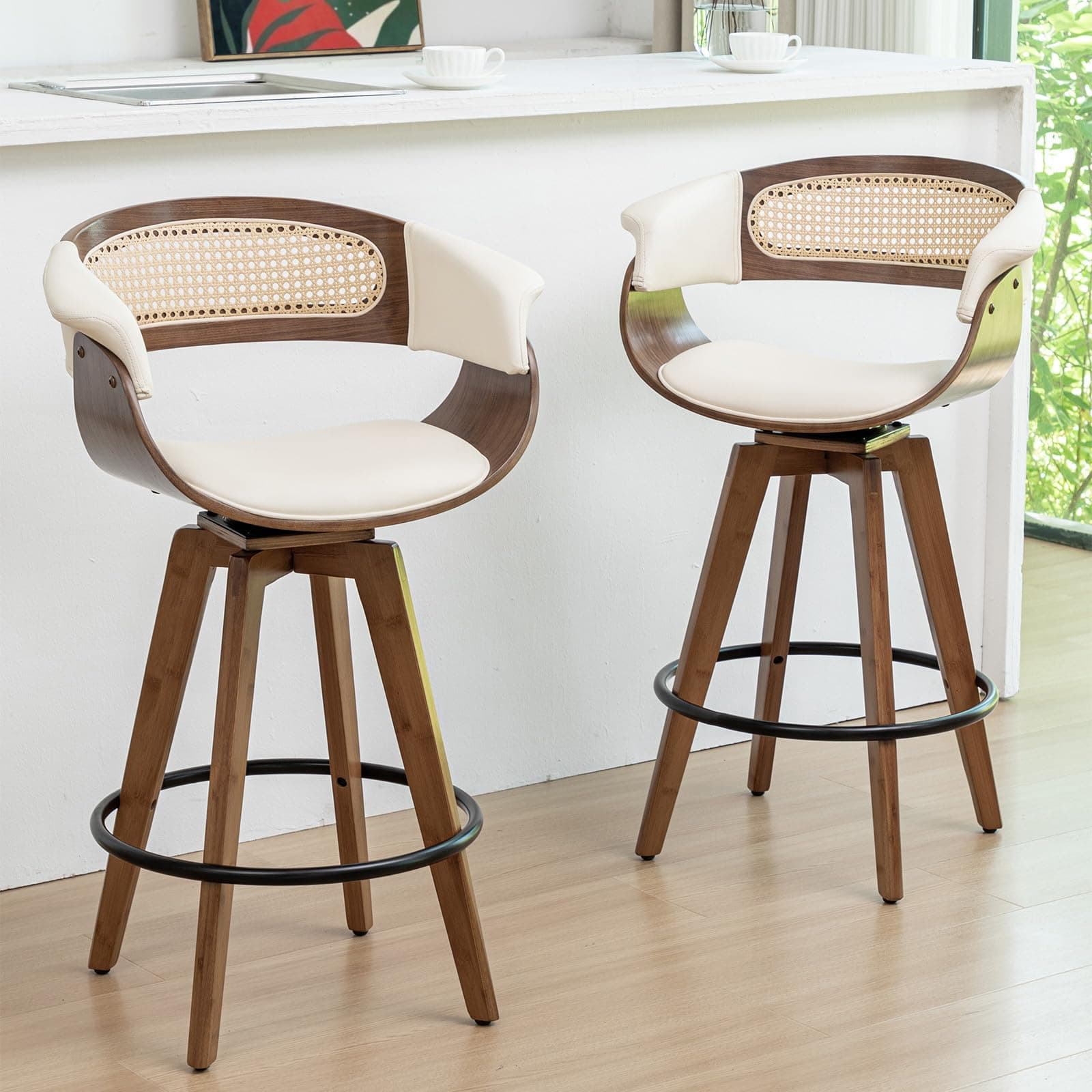 Mid Century Modern Walnut Beige Rattan Swivel Bar Stools with Cane Back