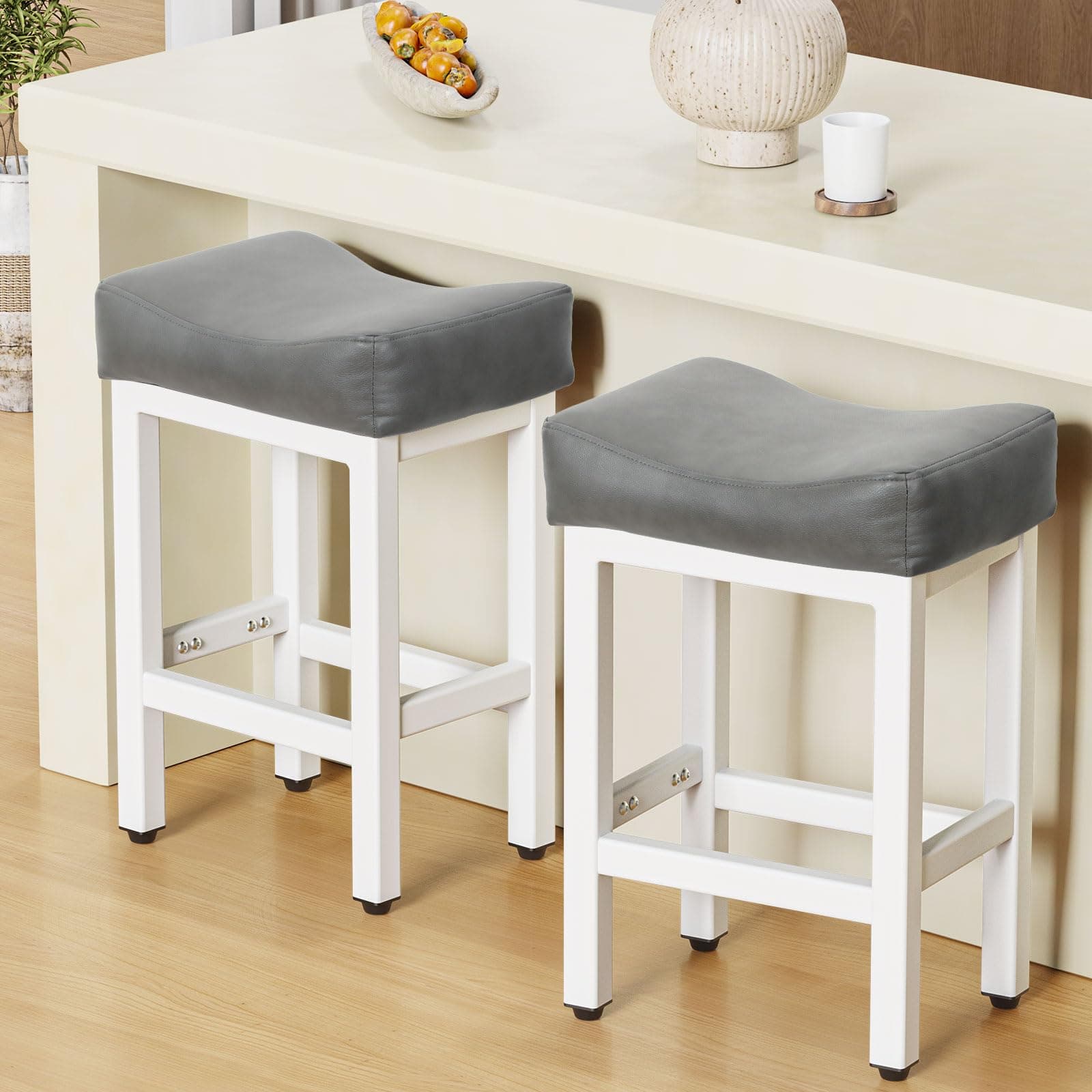 24 Inch Bonded Leather Bar Stools Set, Gray/White, Kitchen Island Counter Height