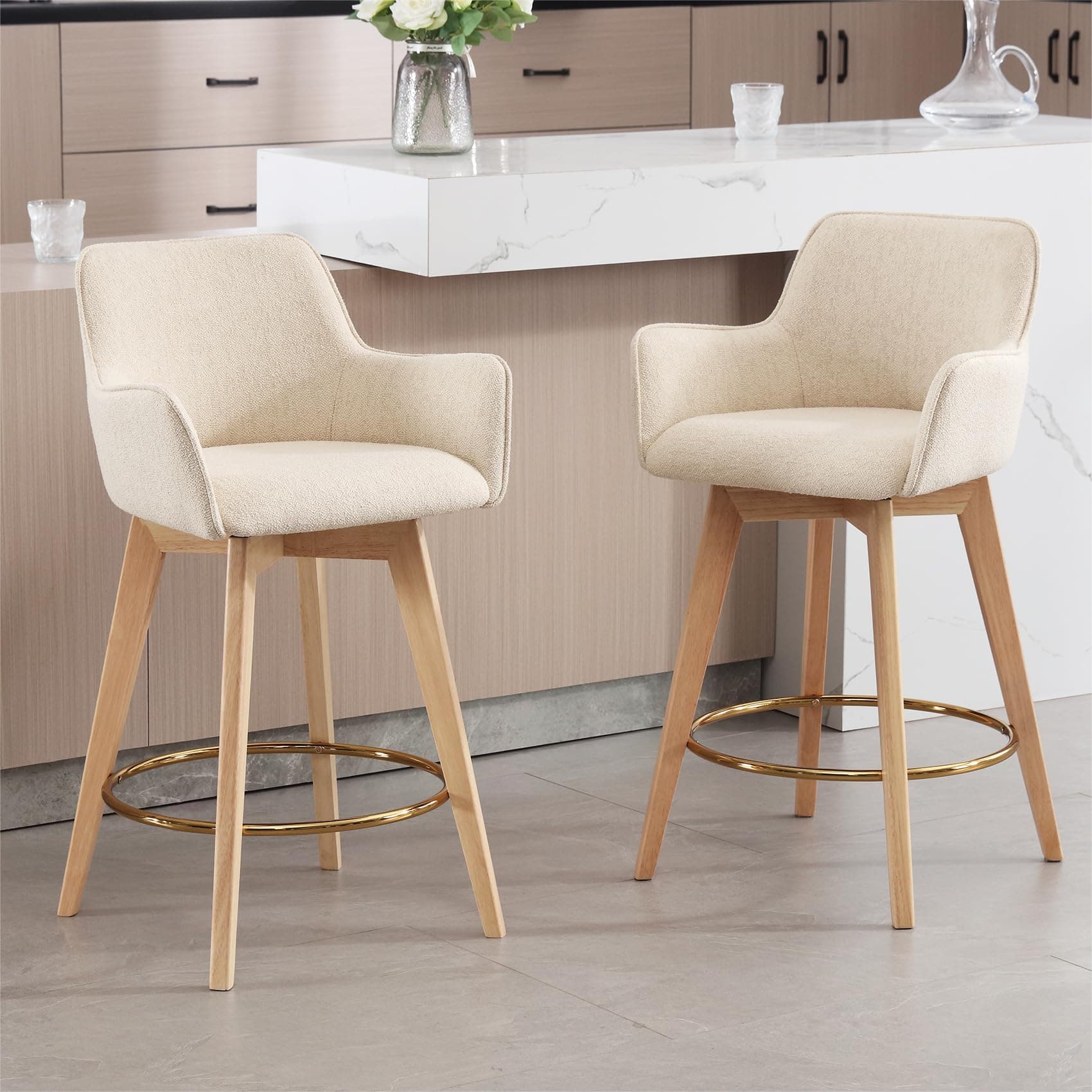ONEVOG 26" Counter Height Swivel Bar Stool Set, Beige Linen Fabric