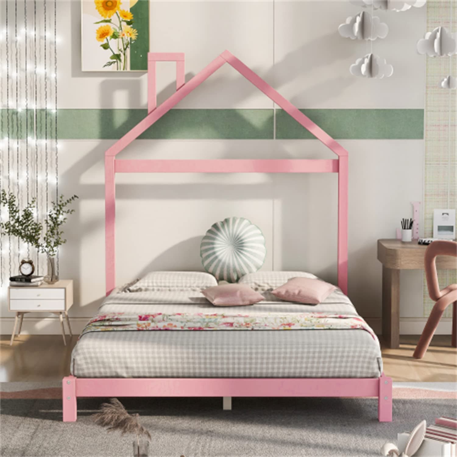 i-POOK Montessori Full Size Wooden Platform Bed with Pink House-Shaped Headboard