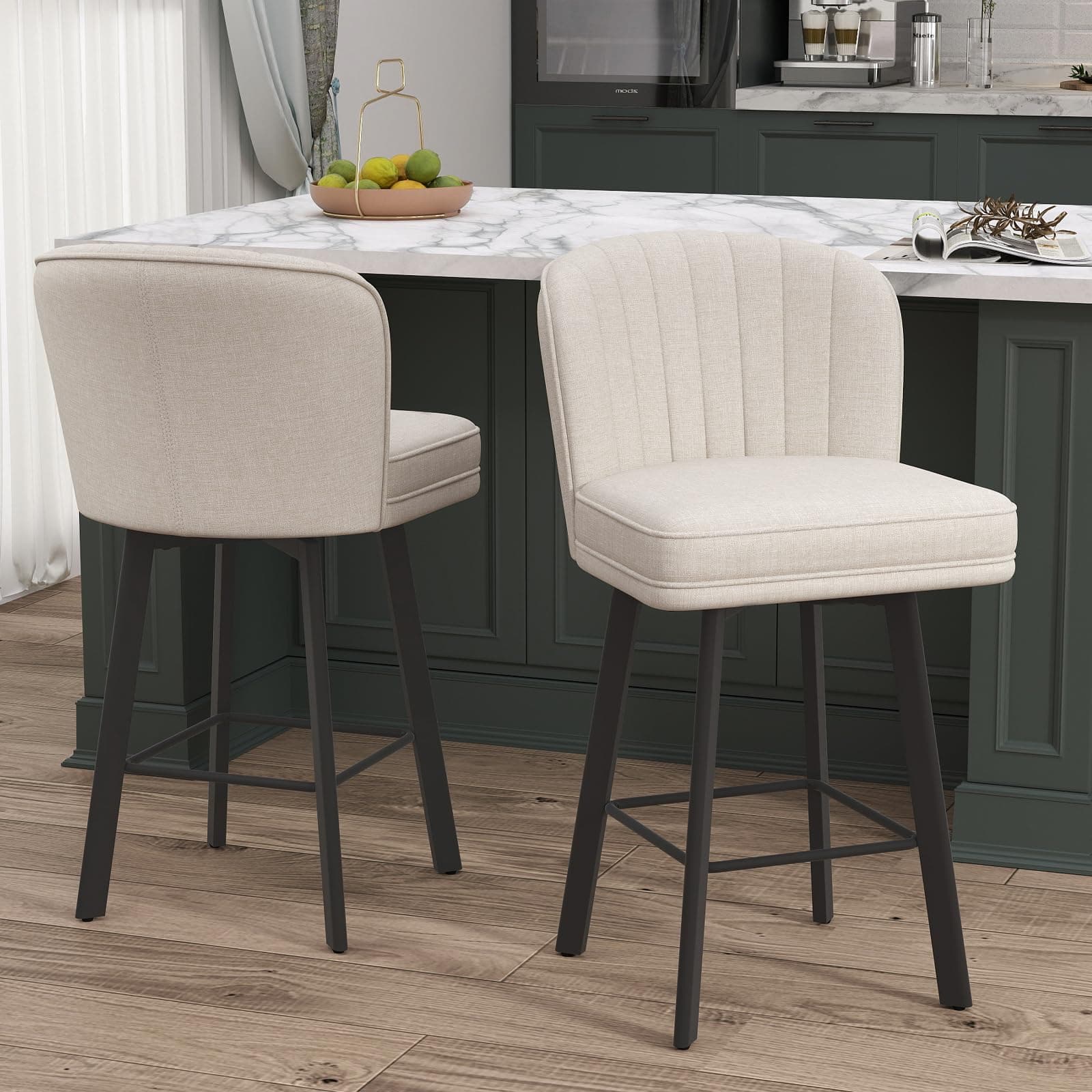 2-Piece Beige Fabric Bar Stool Set, Modern Swivel Bar Chairs