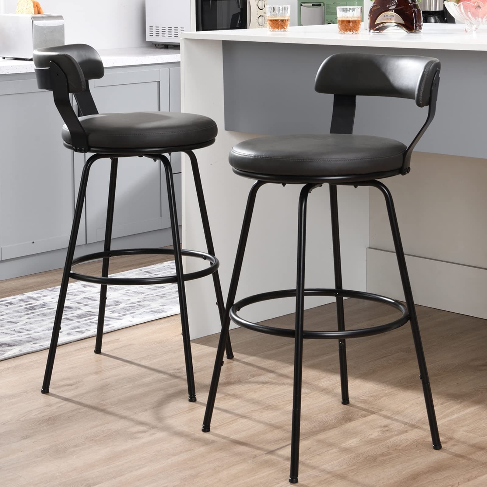 2-Piece Swivel Bar Stool Set, 30" Counter Height, Grey PU Leather, Kitchen & Living Room