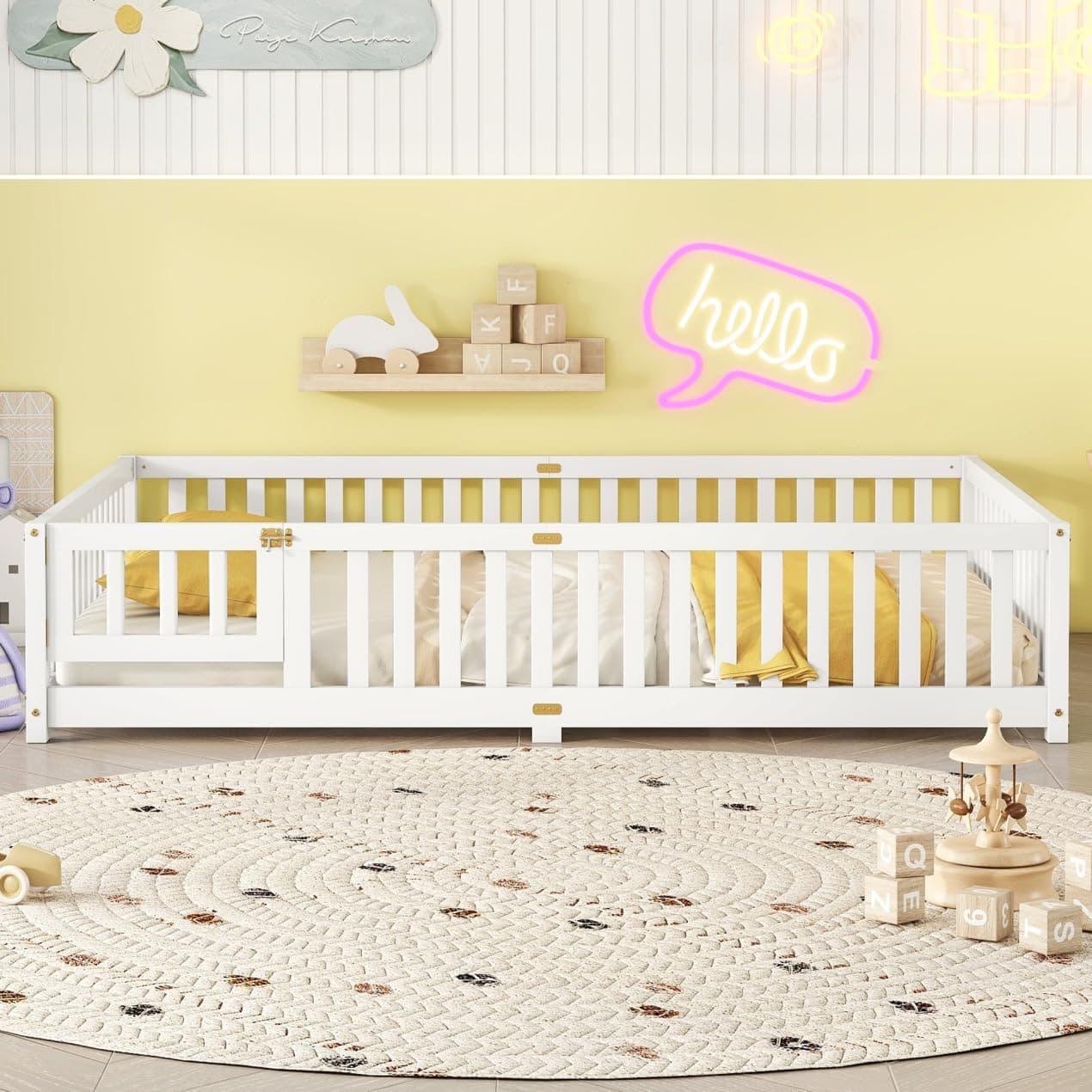 i-POOK Queen Size Wooden Floor Bed for Kids with Guardrails and Door, Gray