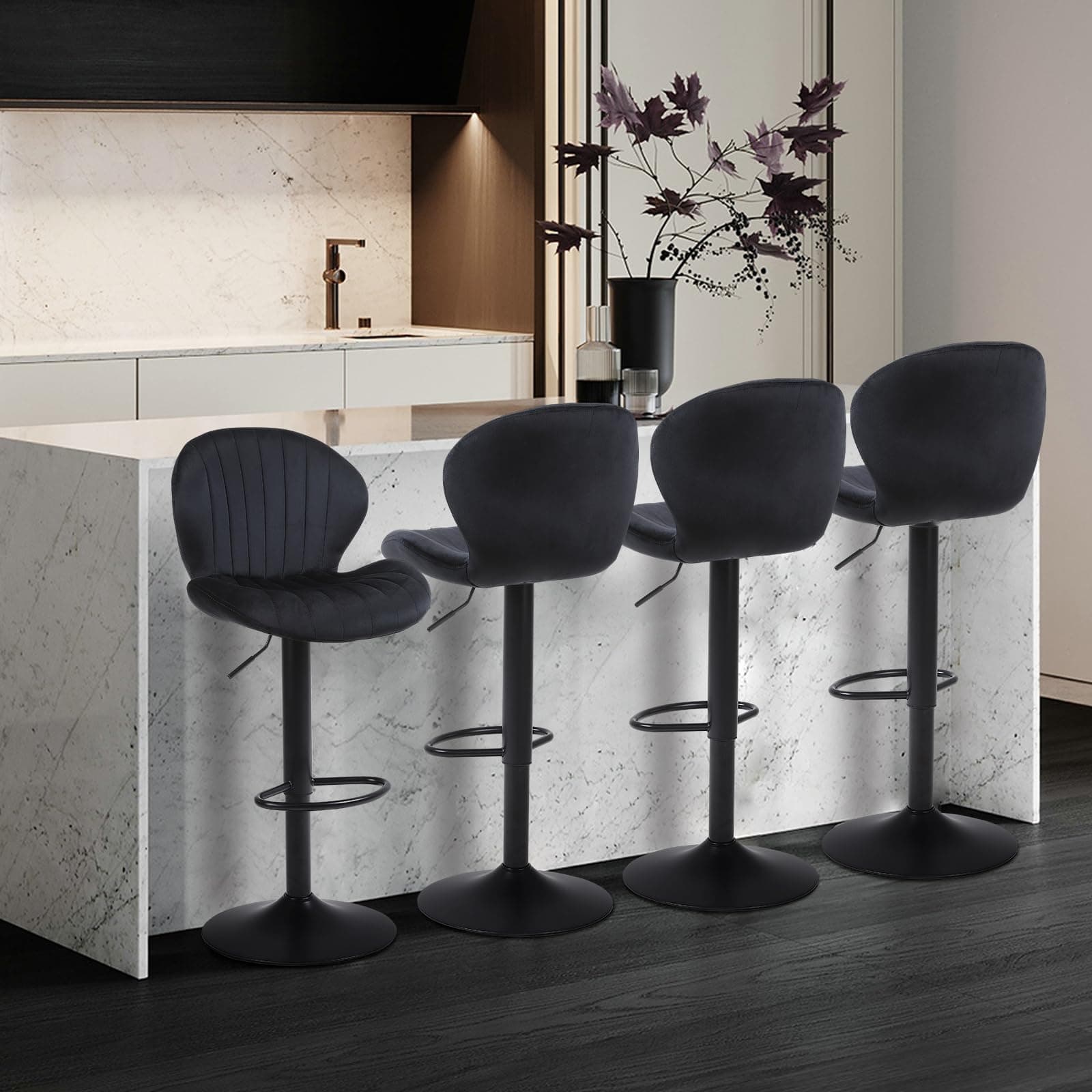 Modern Black Velvet Bar Stools Set of 4, Height Adjustable Swivel Chairs with Footrest
