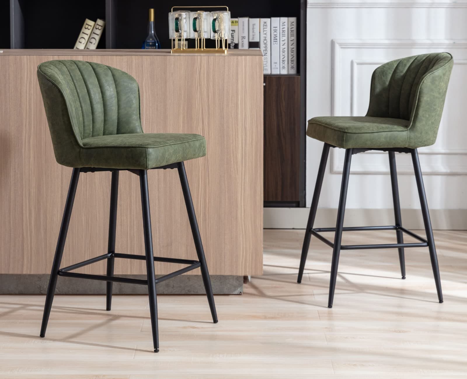 EALSON Green Counter Height Bar Stools Set of 2 Modern Leather Backbar Chairs