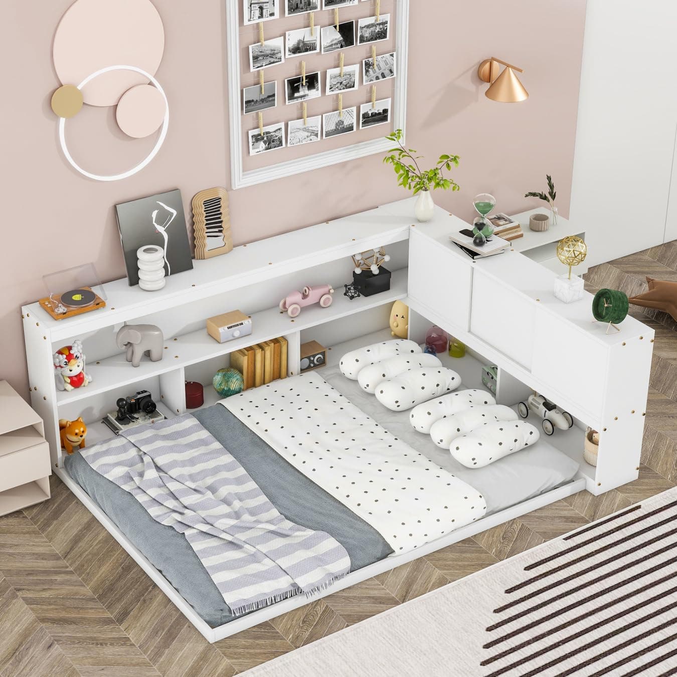i-POOK L-Shaped Bookcase Corner Bed without Slats, Full Size Bed Frame for Children and Teens, White