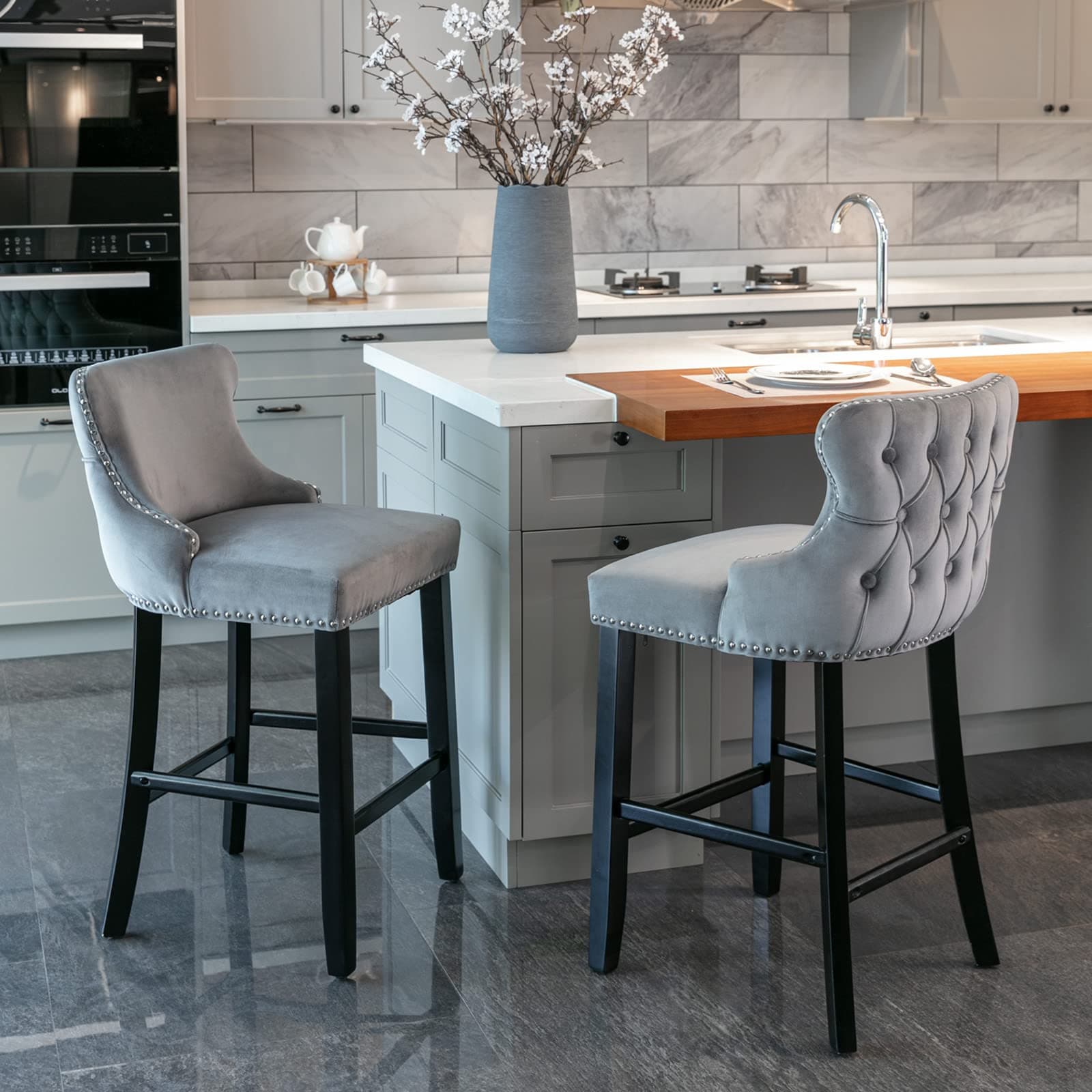 Velvet Upholstered Counter Height Bar Stools Set of 2 for Kitchen Island or Dining Room, Gray