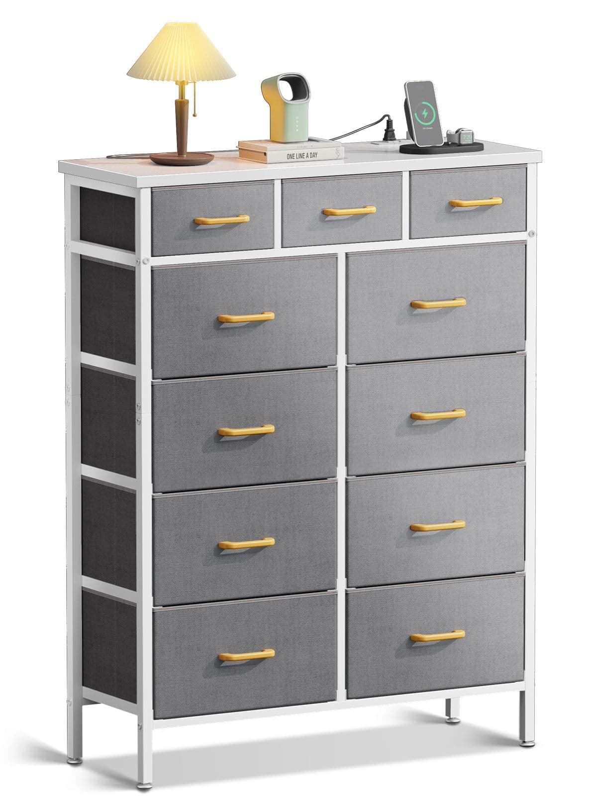 Light Grey AODK Charging Dresser - 52 Inches Tall with 11 Drawers