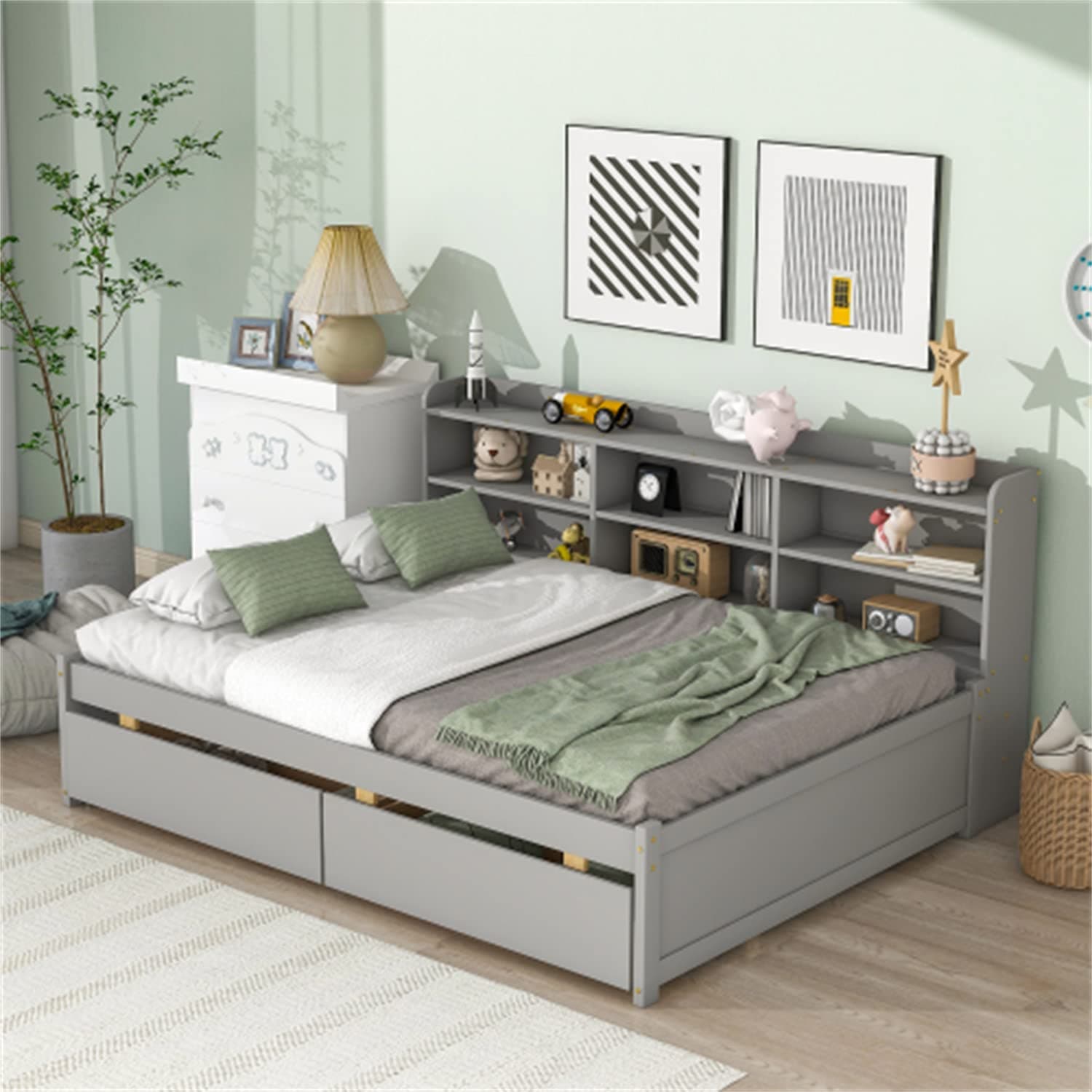 Full Size Gray Solid Wood Bed with Side Bookcases & Storage Drawers