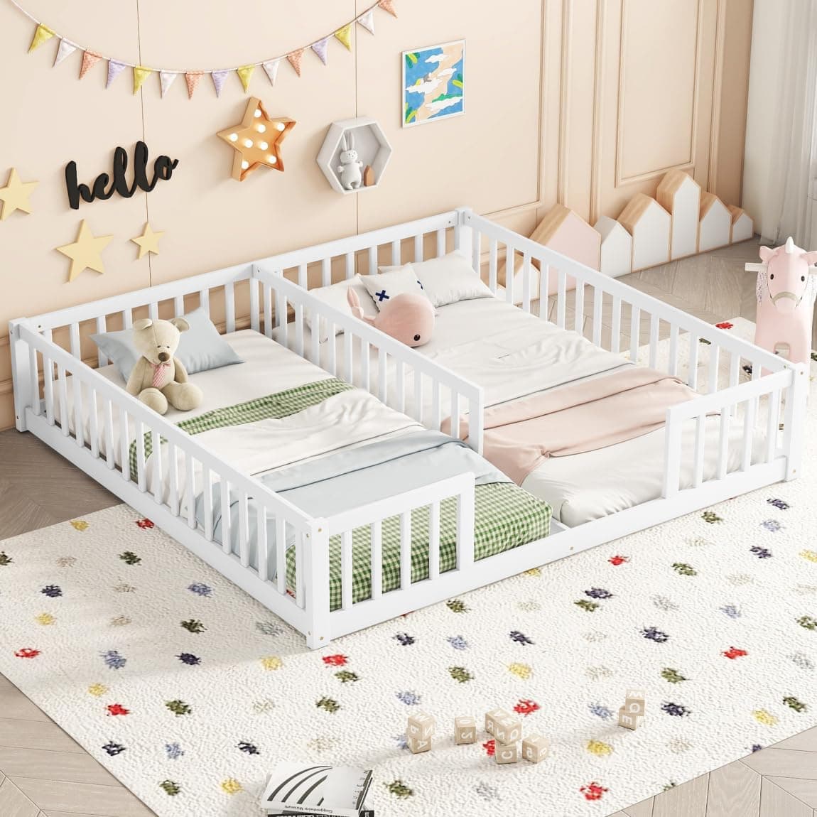 i-POOK Double Twin Bed Frames for 2 Kids, White Wooden Floor Beds