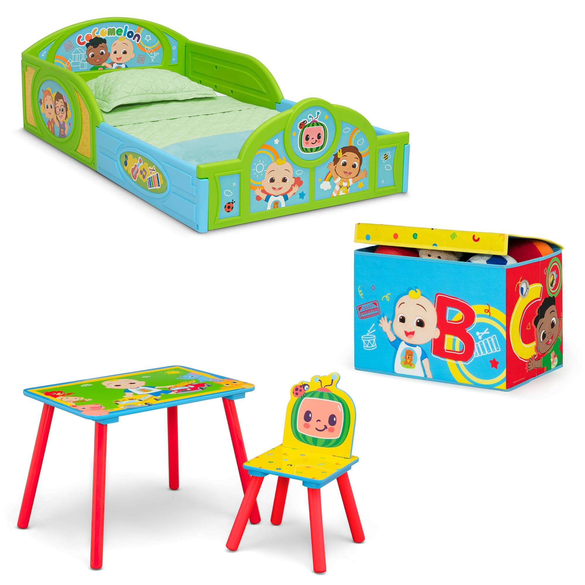 Delta Children CoComelon Green Room-in-a-Box Set: Bed, Table, Chair, Toy Box