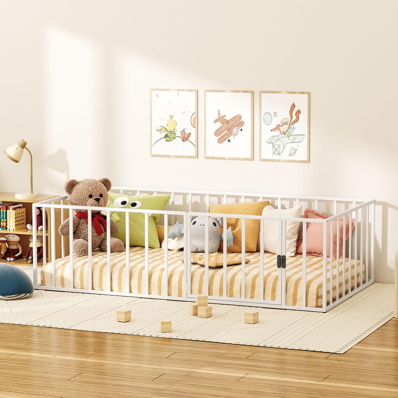 LOVMOR Safety-Fenced Twin Metal Floor Bed for Kids with Door