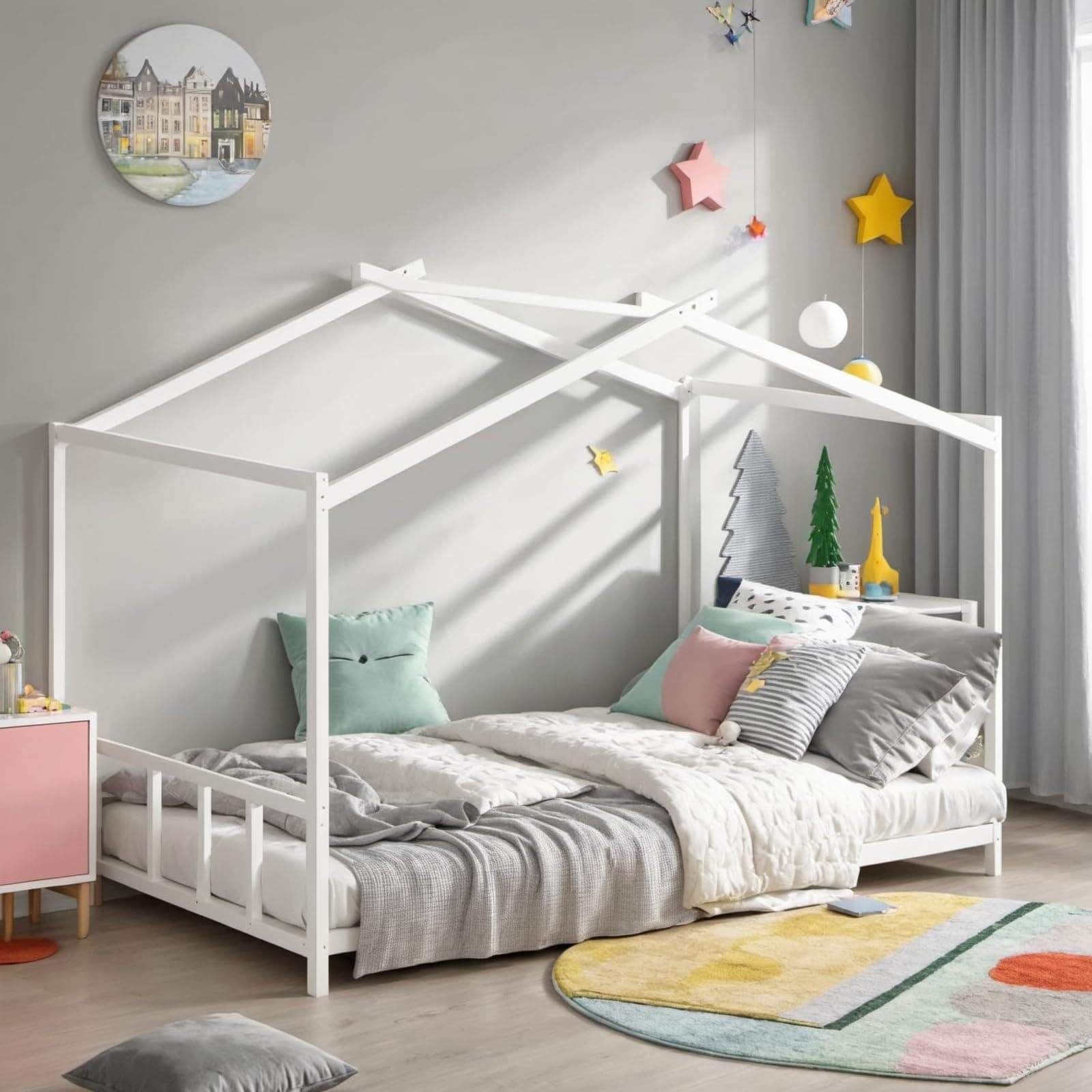 Montessori Floor Bed for Kids with Roof Design and Easy Assembly