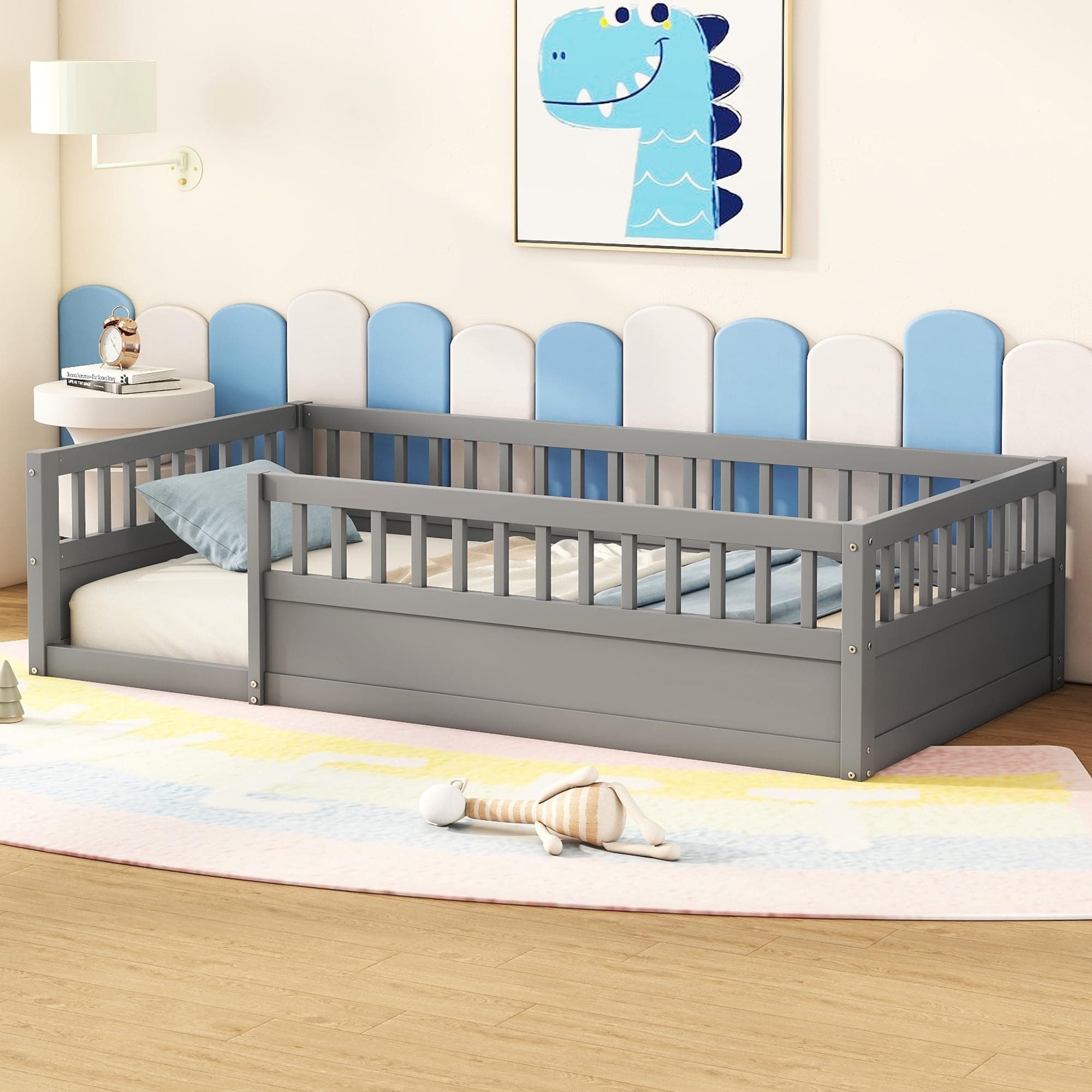 Montessori Twin Bed with High Railings for Kids, Gray