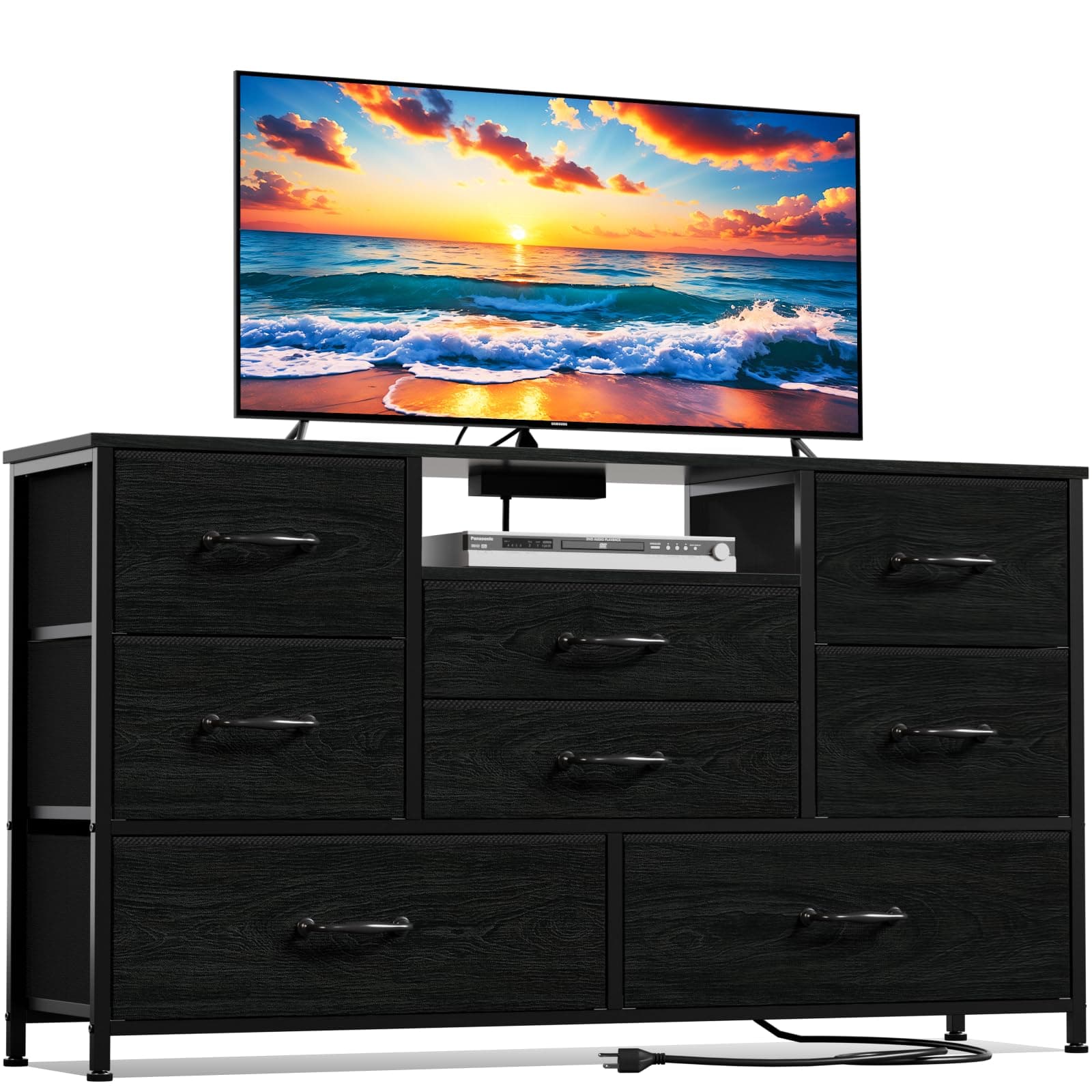 Furnulem Black Oak TV Stand with Power Outlet for 55" TVs