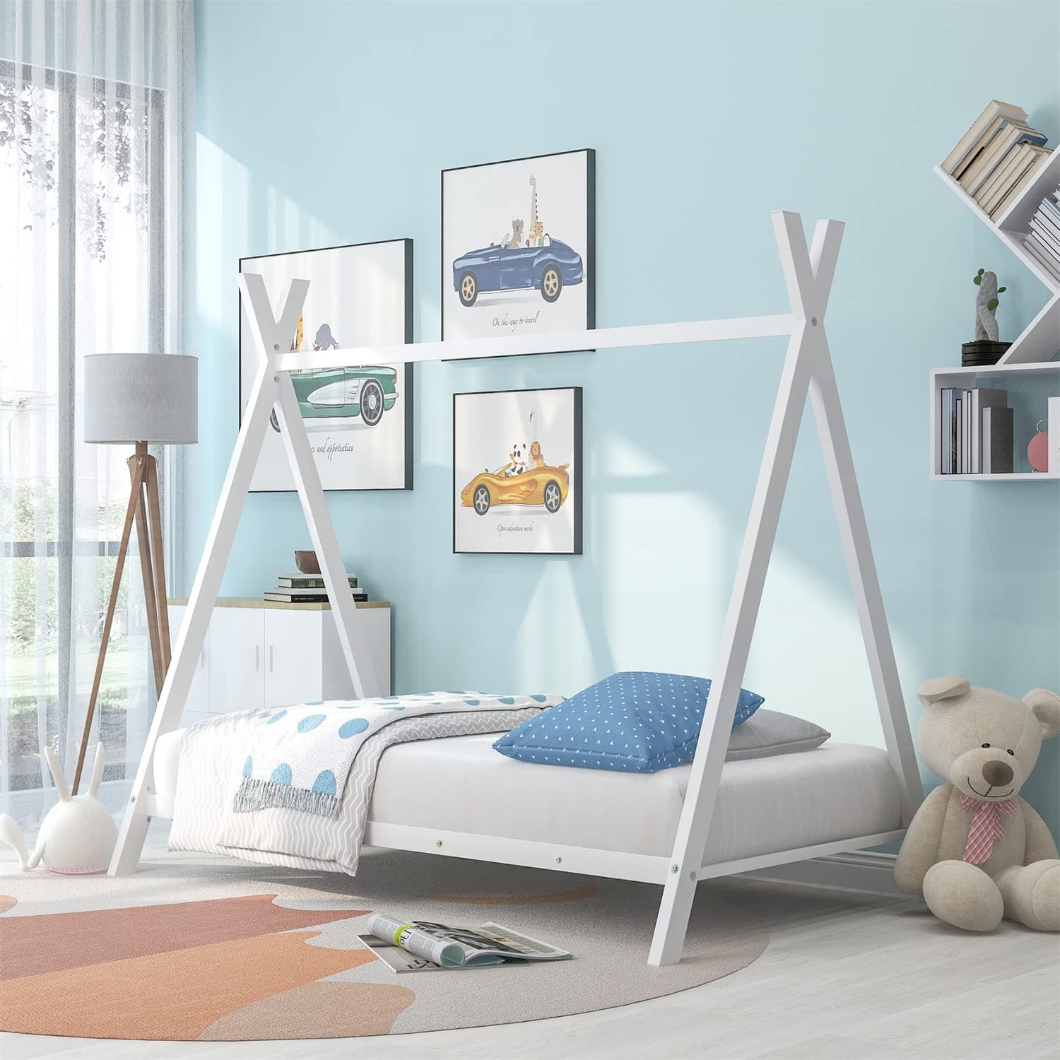 i-POOK Twin Size Metal Floor Bed with X-Frame Support & Decorative Slats, White
