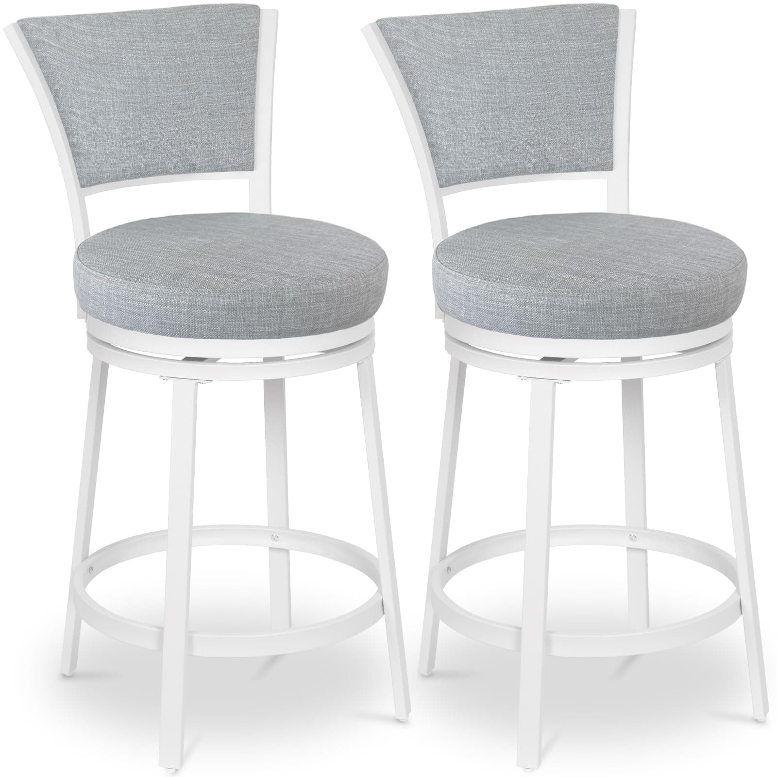 Modern Grey & White Linen Counter Height Bar Stool Set, 25 Inch Swivel Chairs