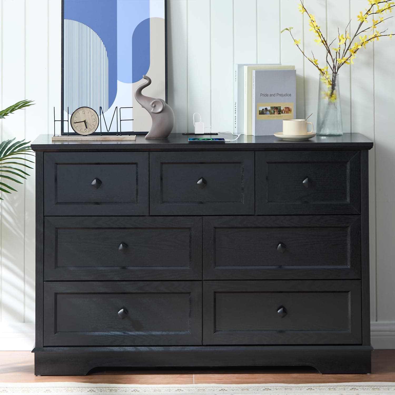Modern LDTTCUK Bedroom Dresser with 7 Drawers & Charging Station, Black