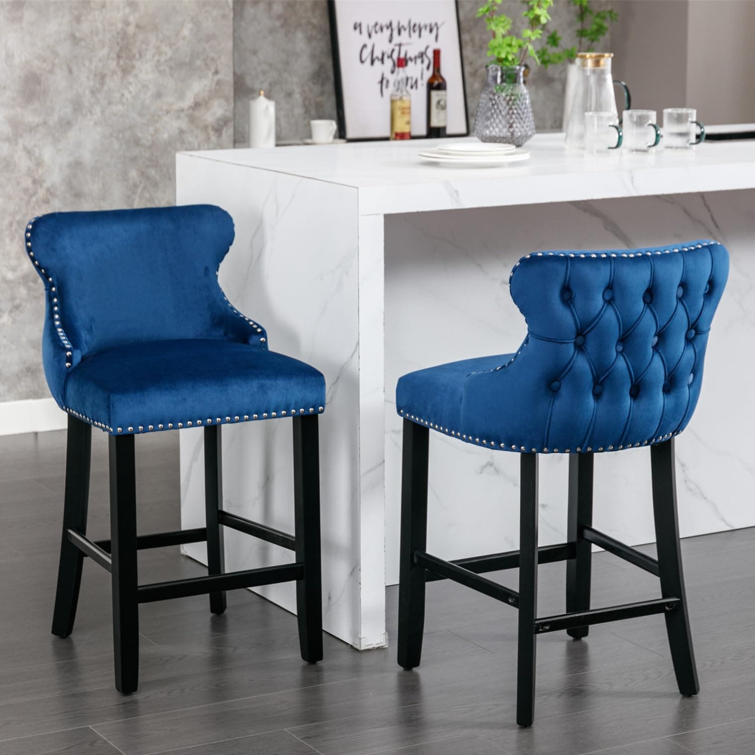 Velvet Upholstered Bar Stools Set of 2 with Wooden Legs