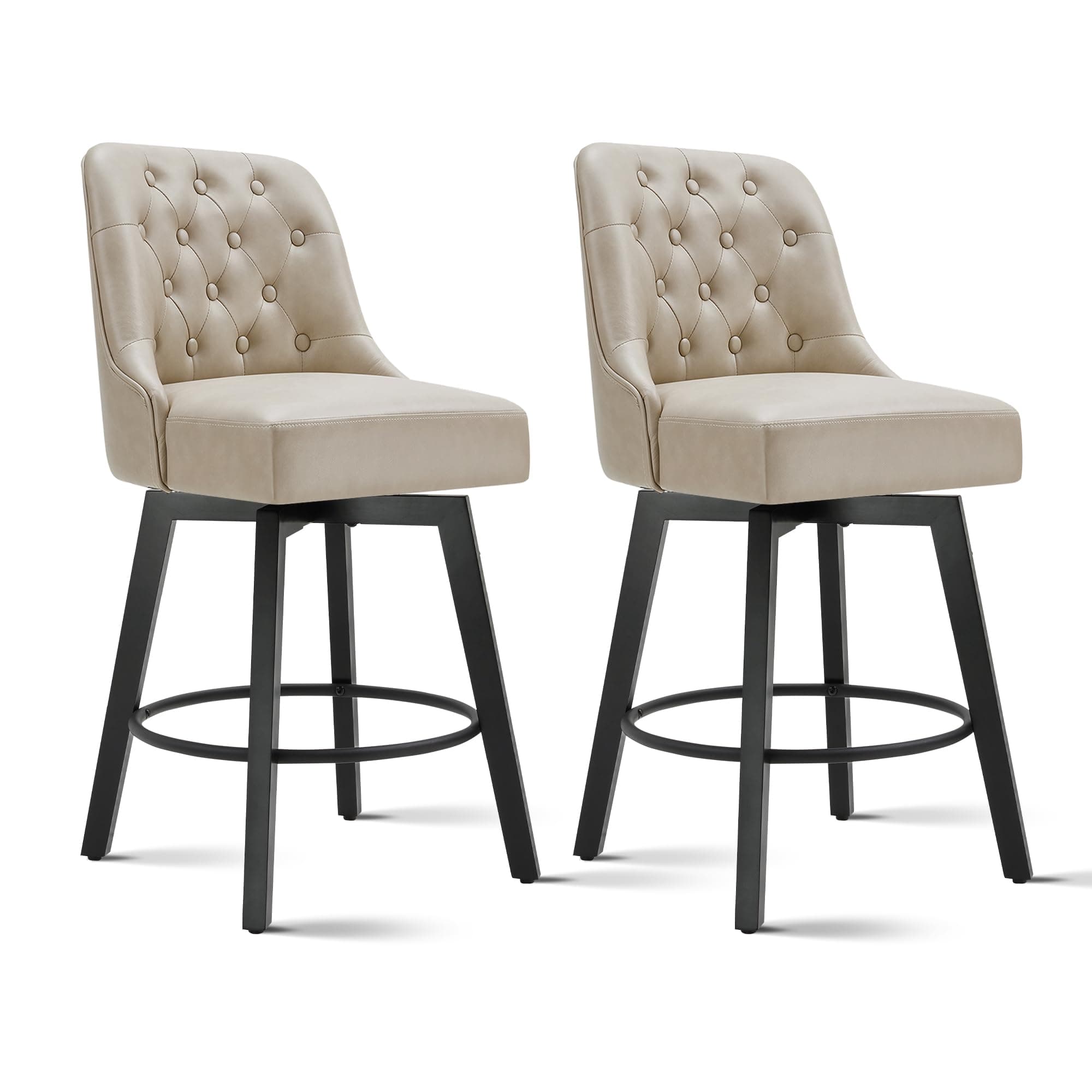 Beige Leather Swivel Barstools, 26" Height, Kitchen Island Set of 2