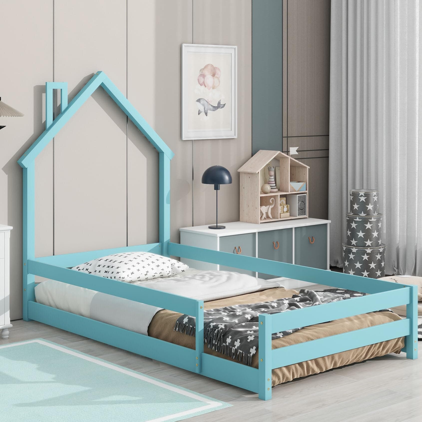 Montessori Twin Floor Bed with House-Shaped Headboard and Fence Guardrails for Toddlers in Blue
