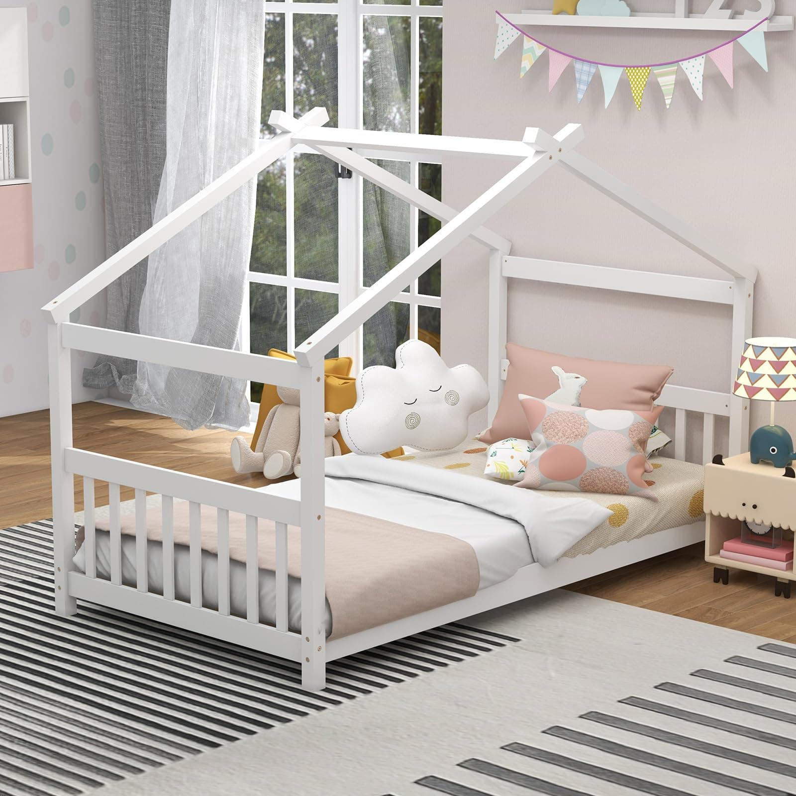 KOMFOTT Twin Wood House Bed for Kids, White, No Box Spring Needed