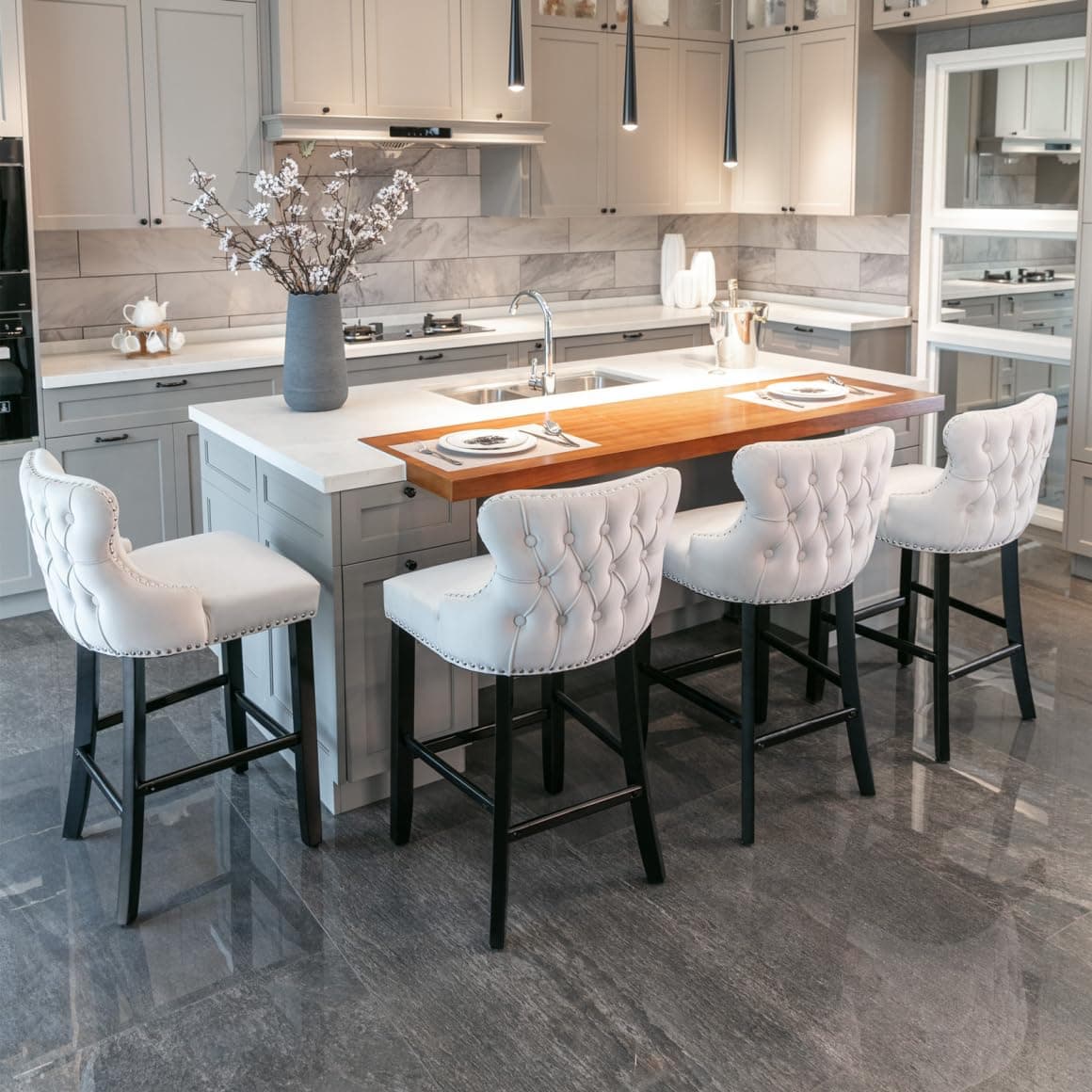 Velvet Upholstered Bar Stools Set of 4 with Wooden Legs and Wing-Back Design