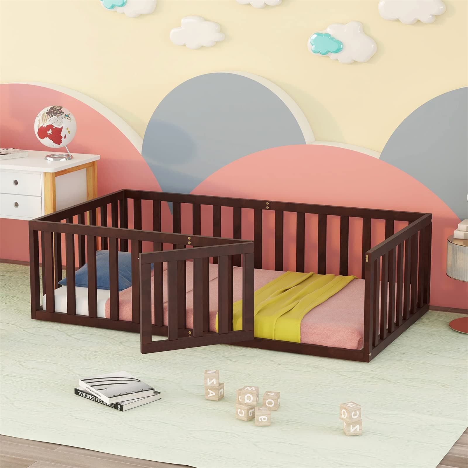 Wooden Twin Size Floor Bed Frame with Safety Guardrails, Easy to Assemble, Walnut