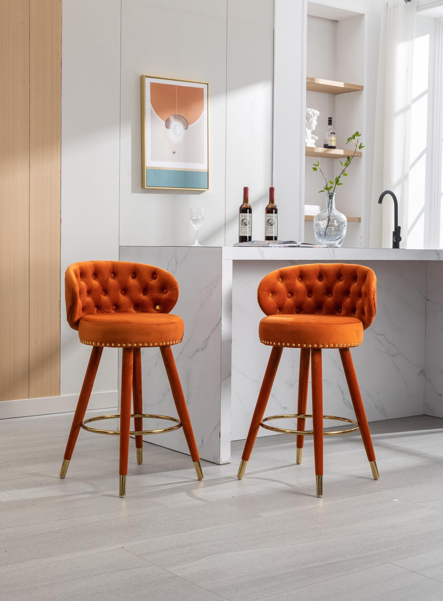 Velvet Counter Height Bar Stools Set of 2 for Kitchen Island - Orange