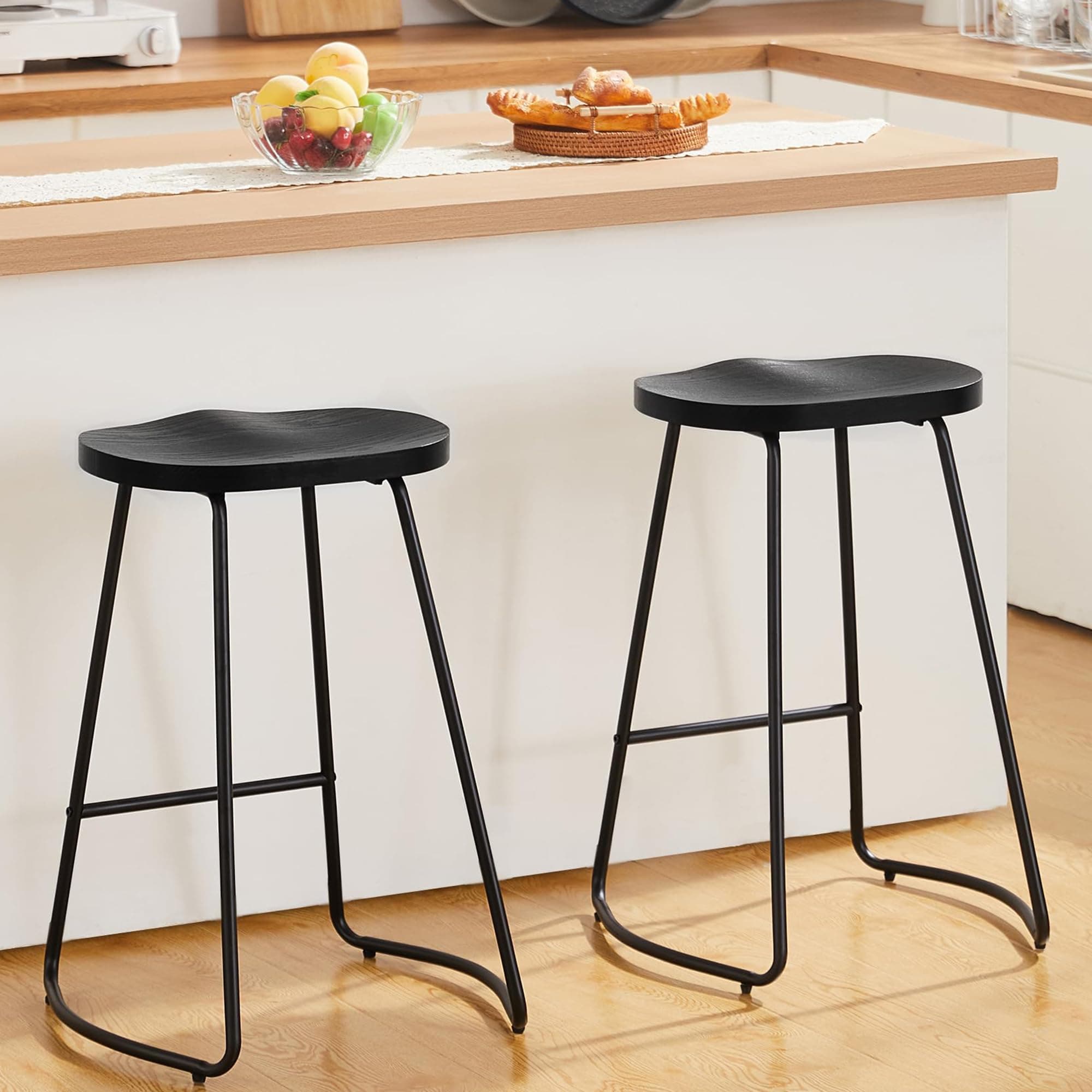 Rustic Black Bar Stool Set, 26" Counter Height (2 PCS)